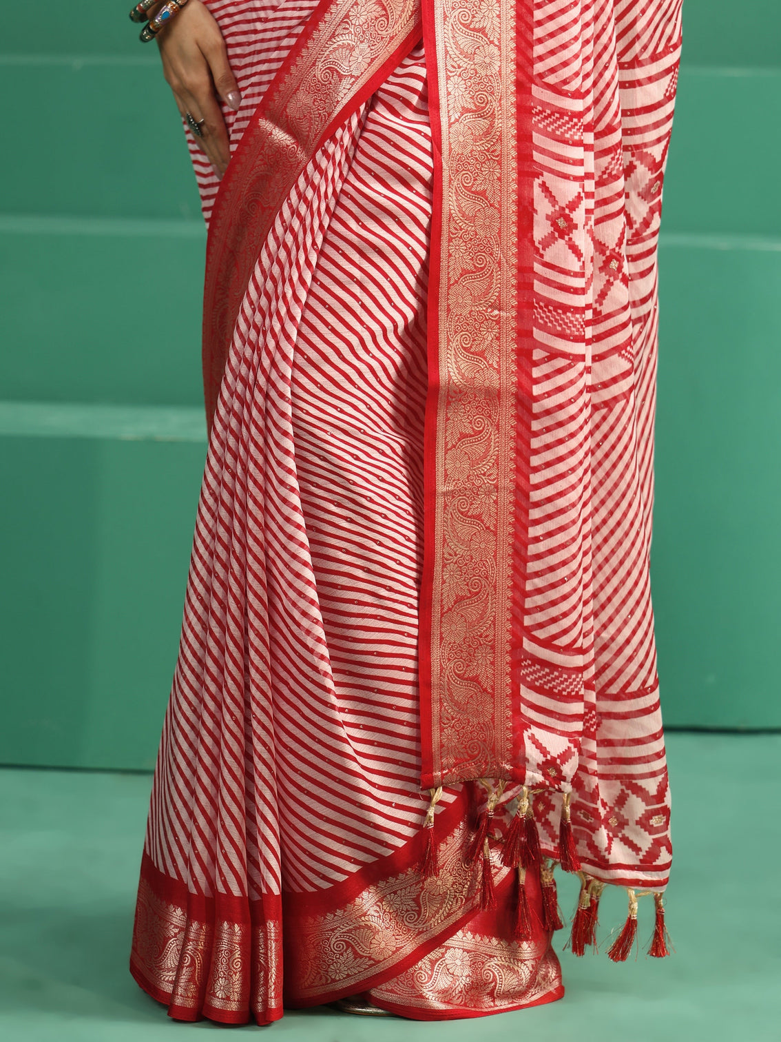 Mameraa Red Striped Chiffon Saree