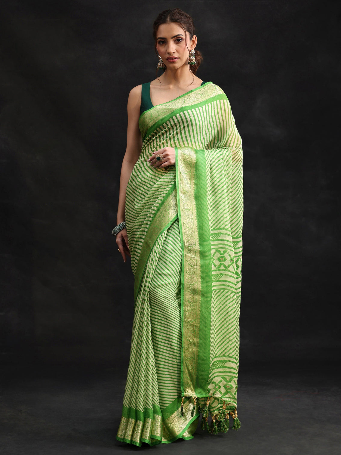 Mameraa Forest Green Striped Chiffon Saree with Paisley Border