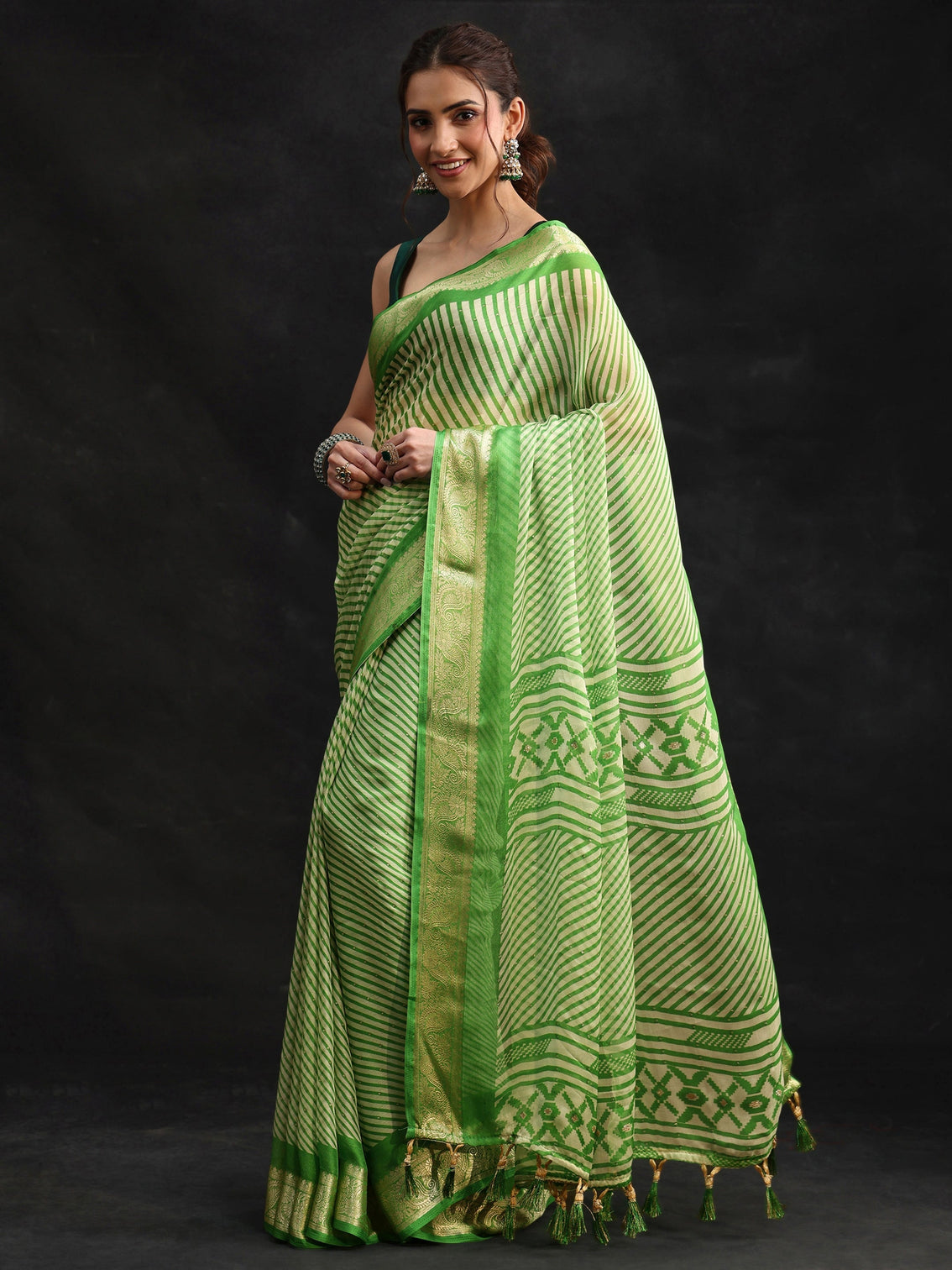 Mameraa Forest Green Striped Chiffon Saree with Paisley Border