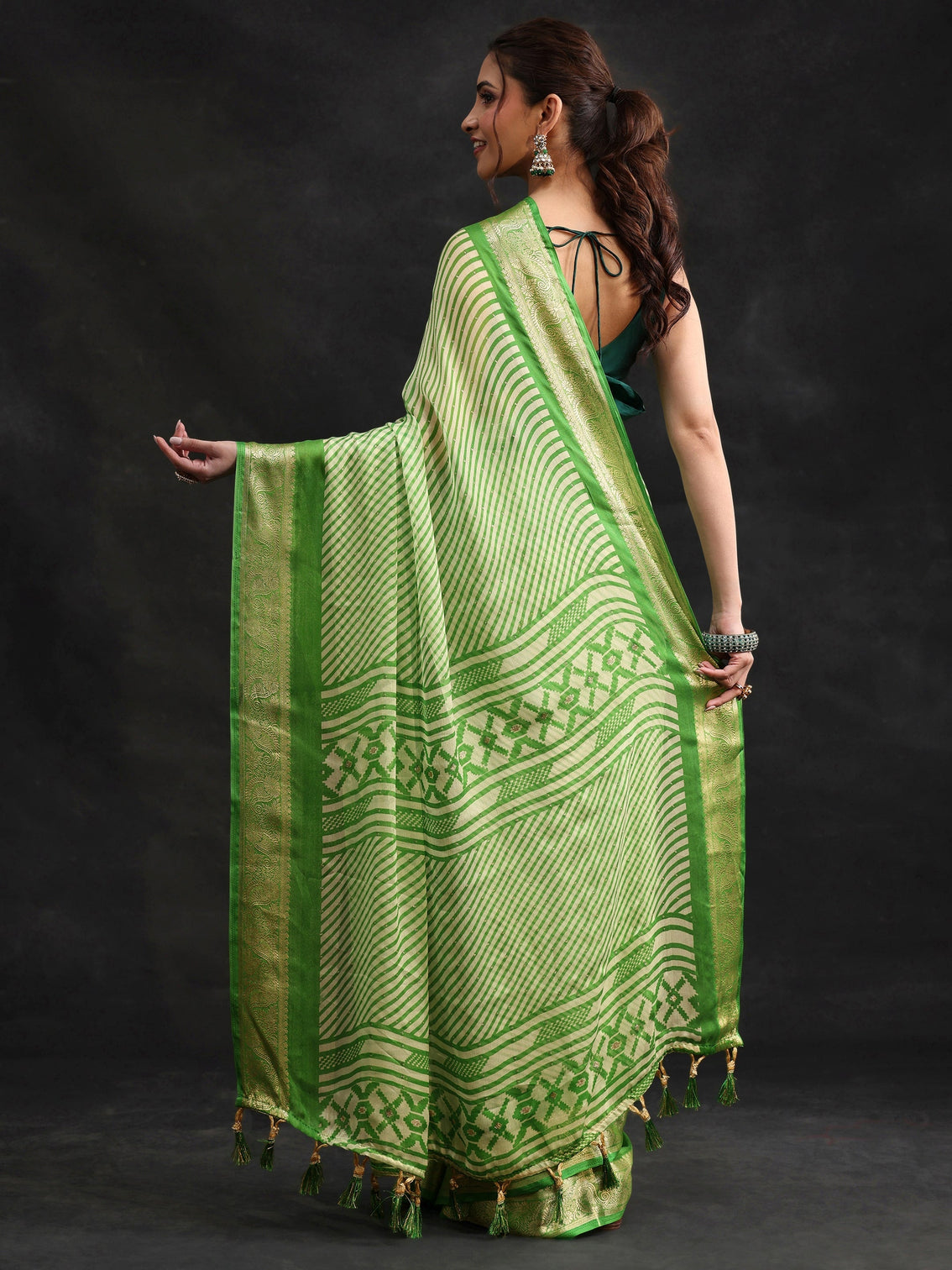 Mameraa Forest Green Striped Chiffon Saree with Paisley Border