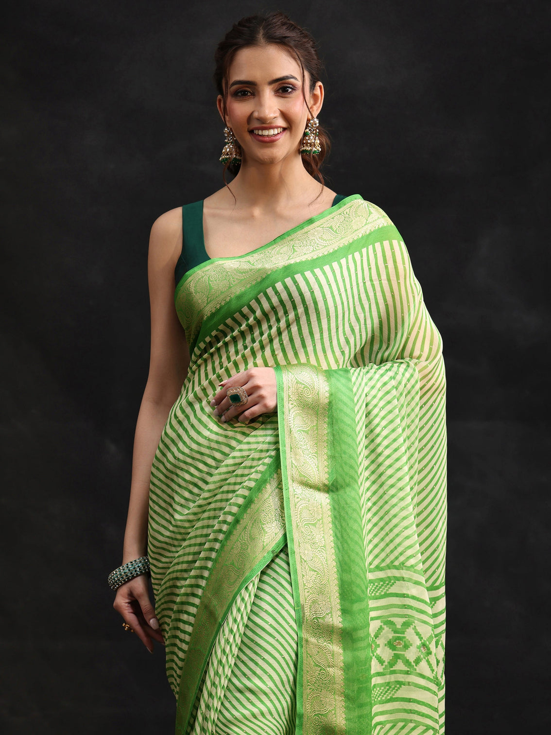 Mameraa Forest Green Striped Chiffon Saree with Paisley Border
