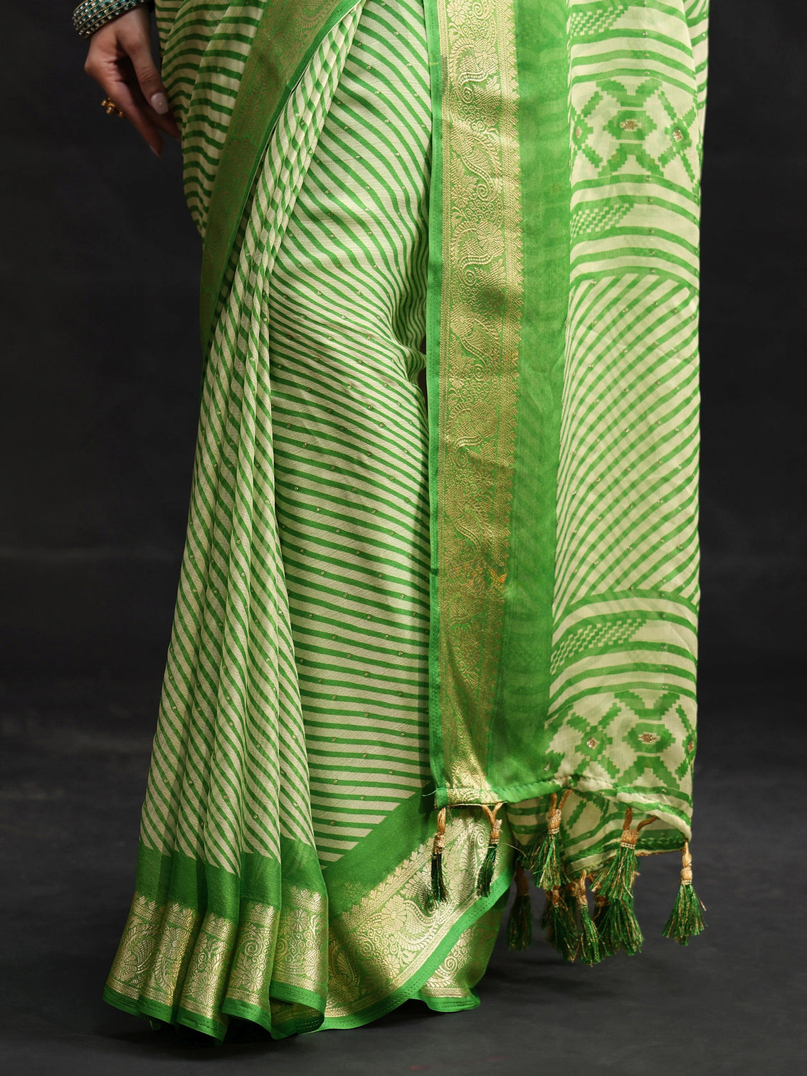 Mameraa Forest Green Striped Chiffon Saree with Paisley Border
