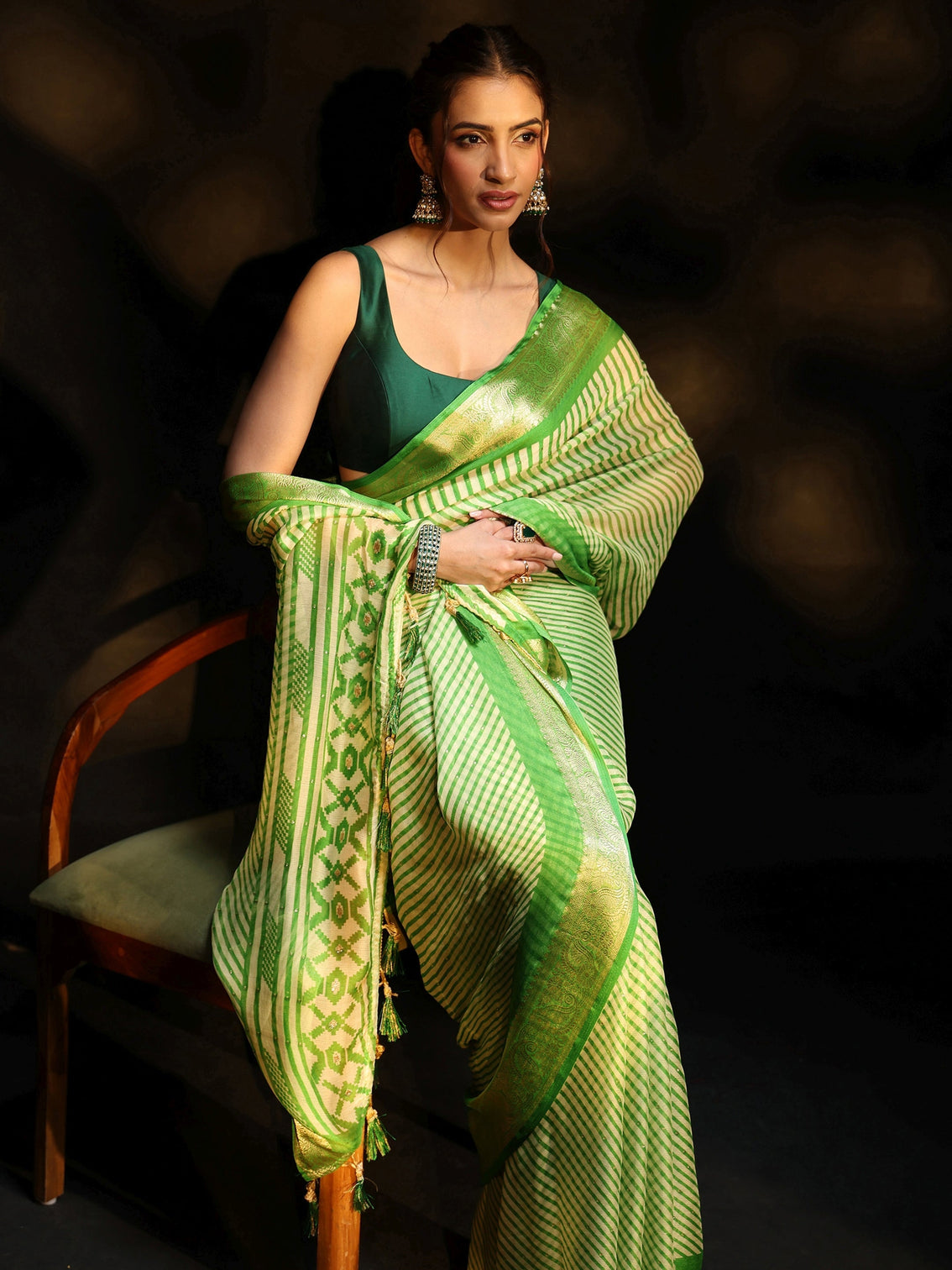 Mameraa Forest Green Striped Chiffon Saree with Paisley Border