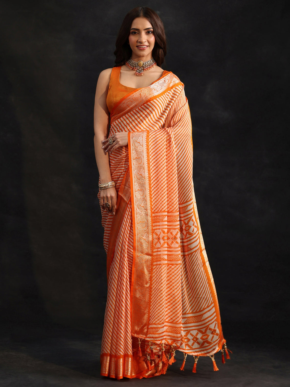 Mameraa Orange Striped Chiffon Saree with Paisley Border