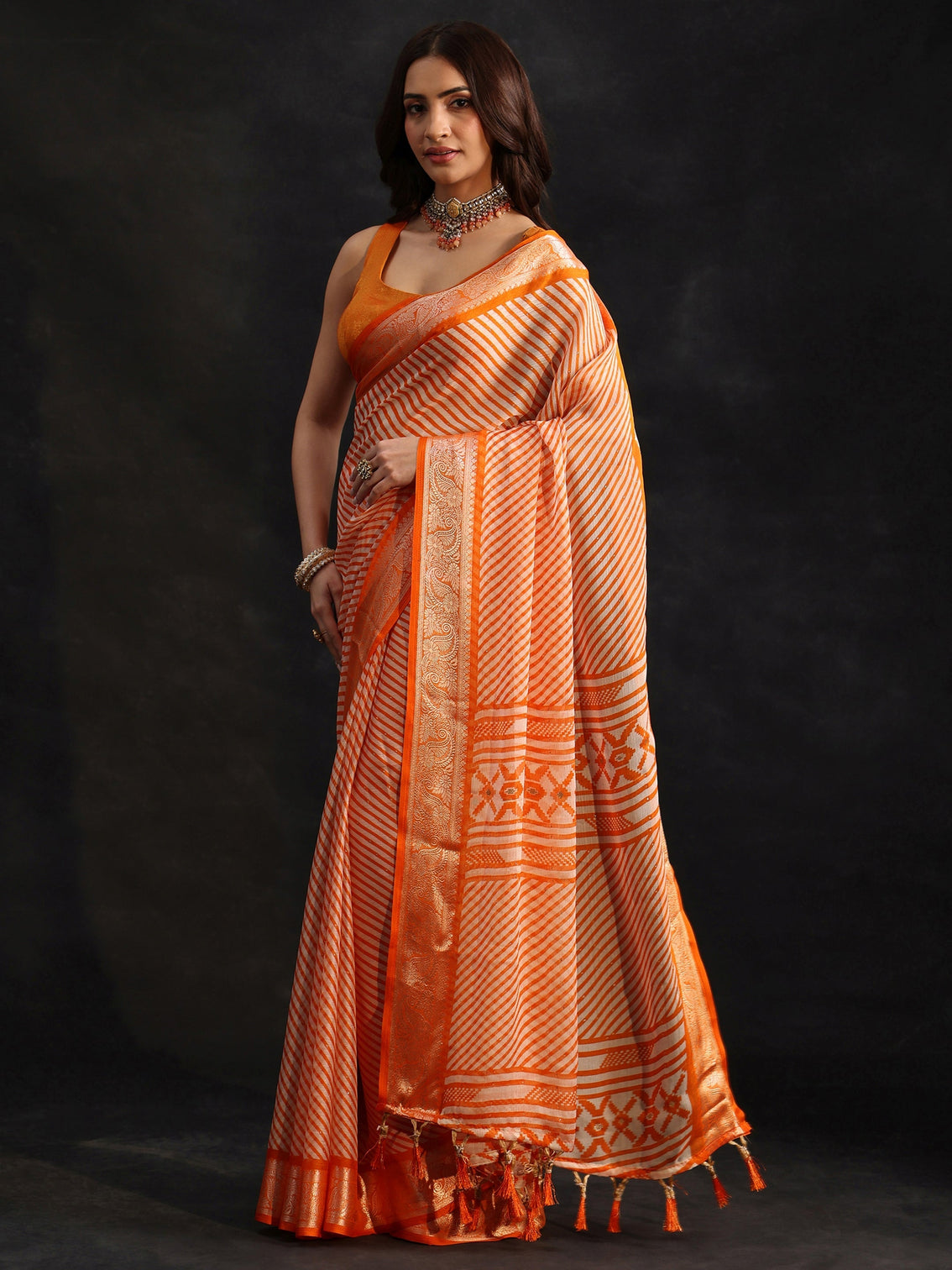 Mameraa Orange Striped Chiffon Saree with Paisley Border