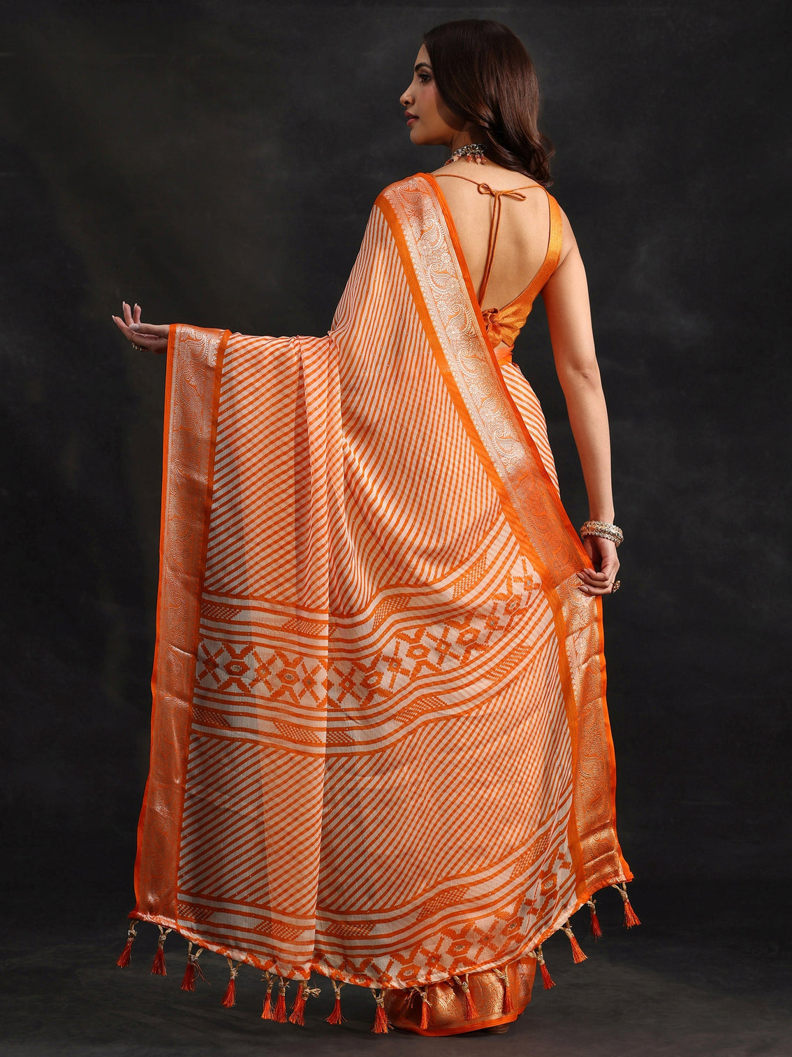 Mameraa Orange Striped Chiffon Saree with Paisley Border