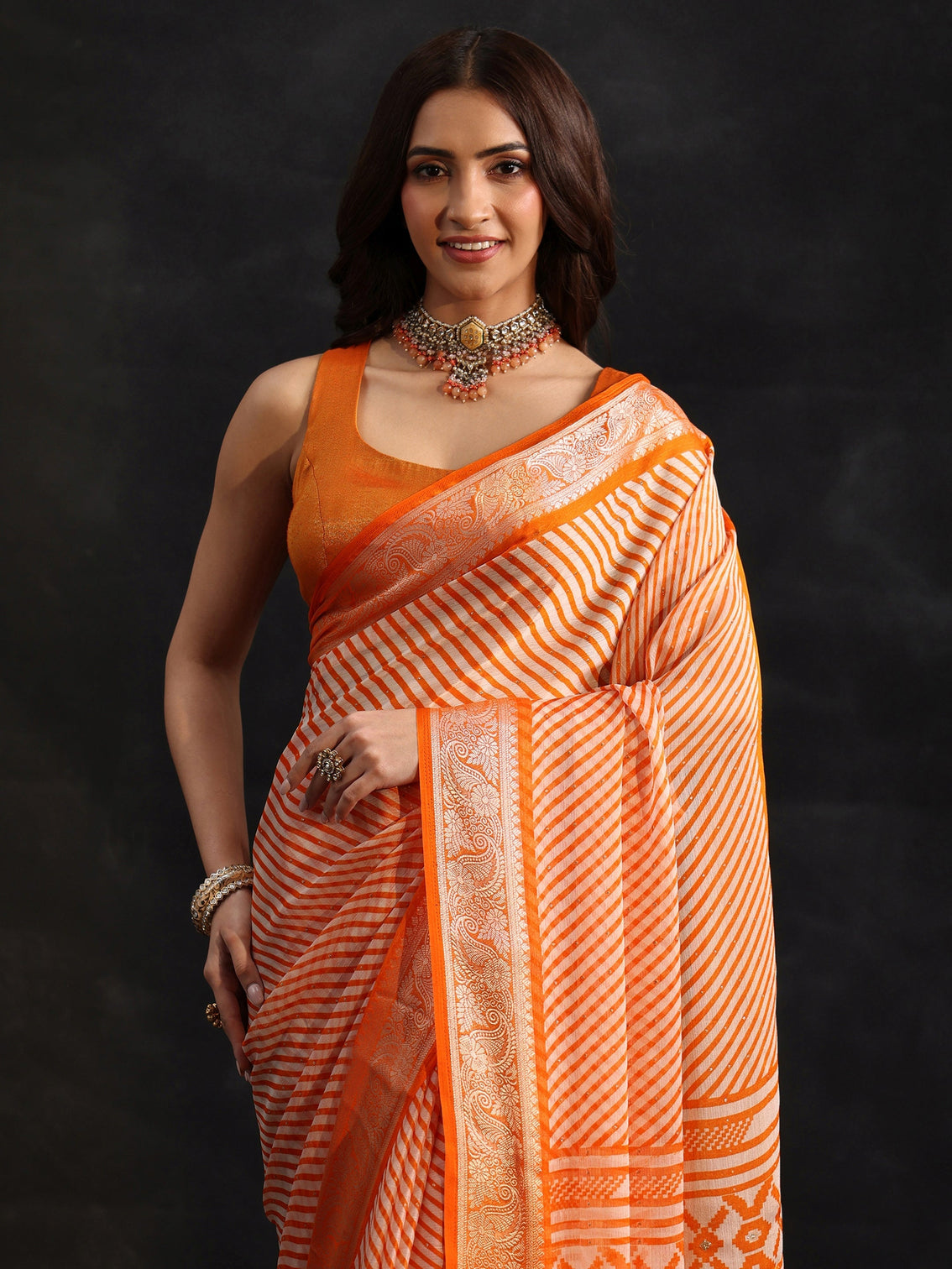 Mameraa Orange Striped Chiffon Saree with Paisley Border