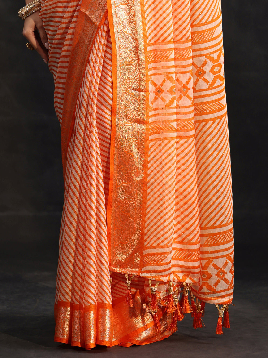 Mameraa Orange Striped Chiffon Saree with Paisley Border