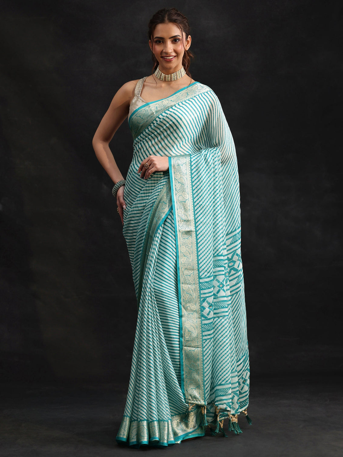 Mameraa Cyan Blue Striped Chiffon Saree with Paisley Border