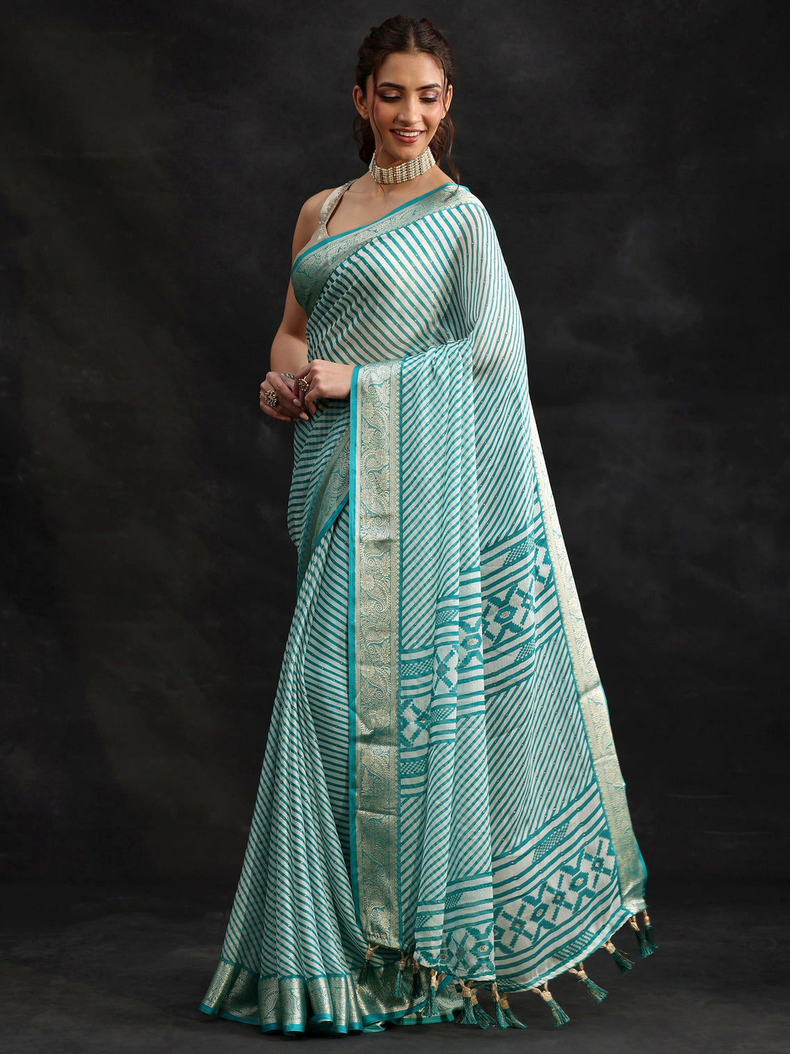 Mameraa Cyan Blue Striped Chiffon Saree with Paisley Border