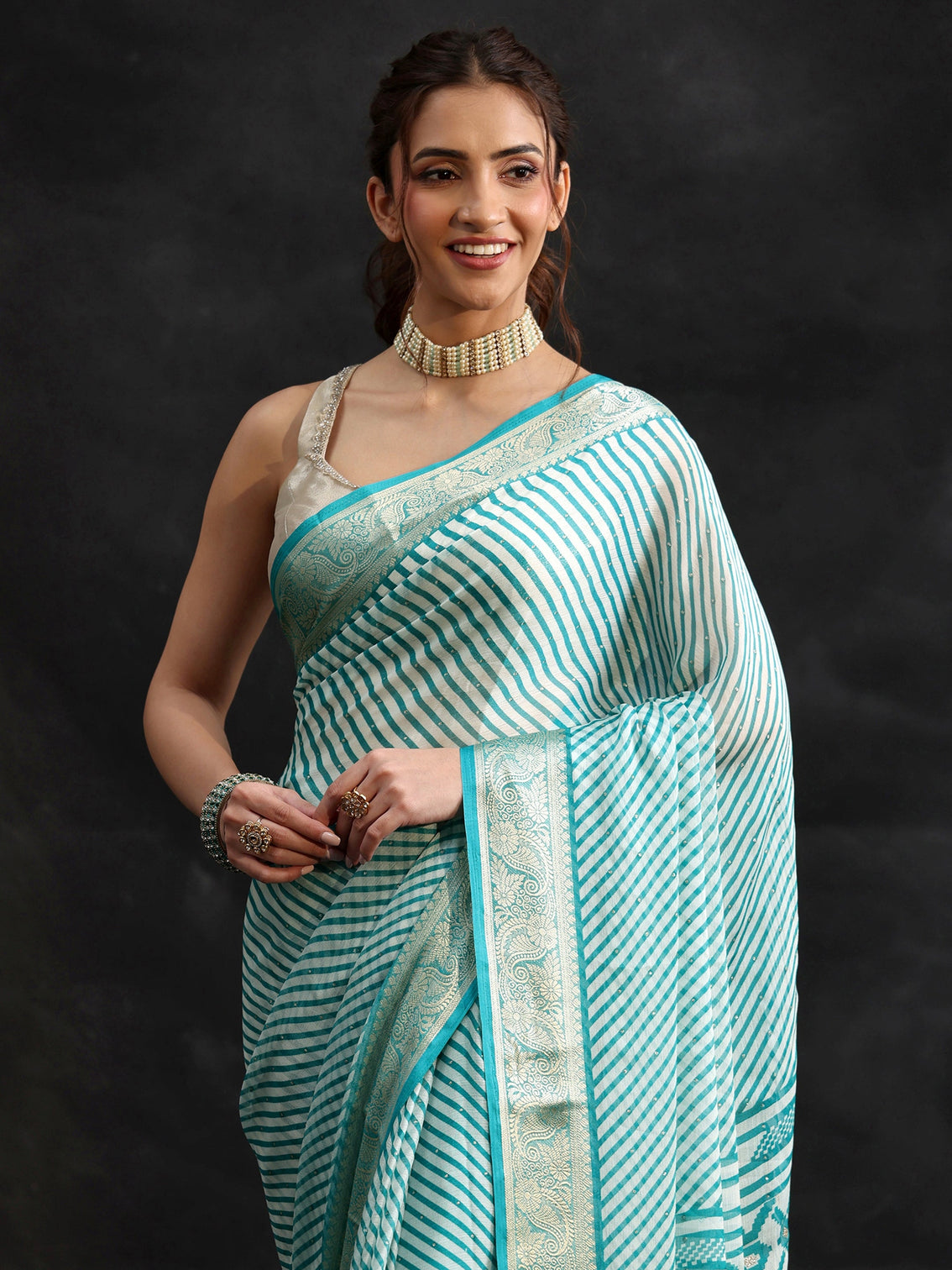 Mameraa Cyan Blue Striped Chiffon Saree with Paisley Border