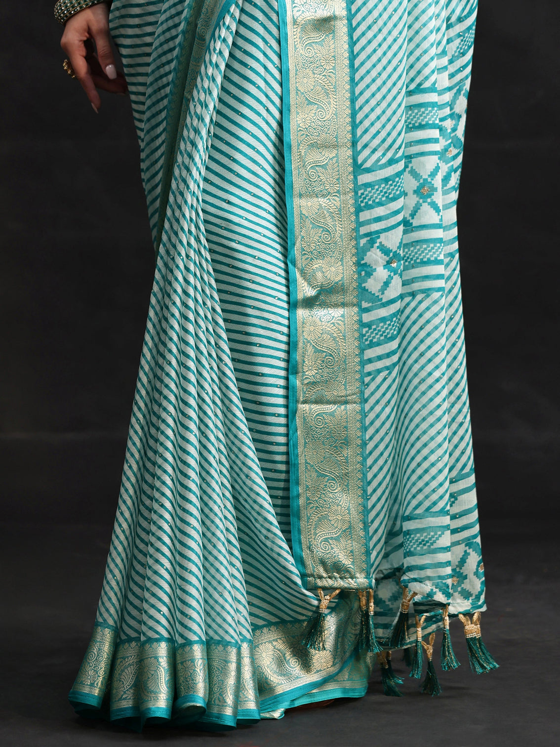 Mameraa Cyan Blue Striped Chiffon Saree with Paisley Border