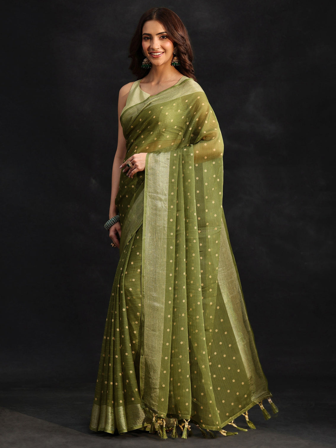 Mameraa Moss Green Floral Printed Chiffon Saree