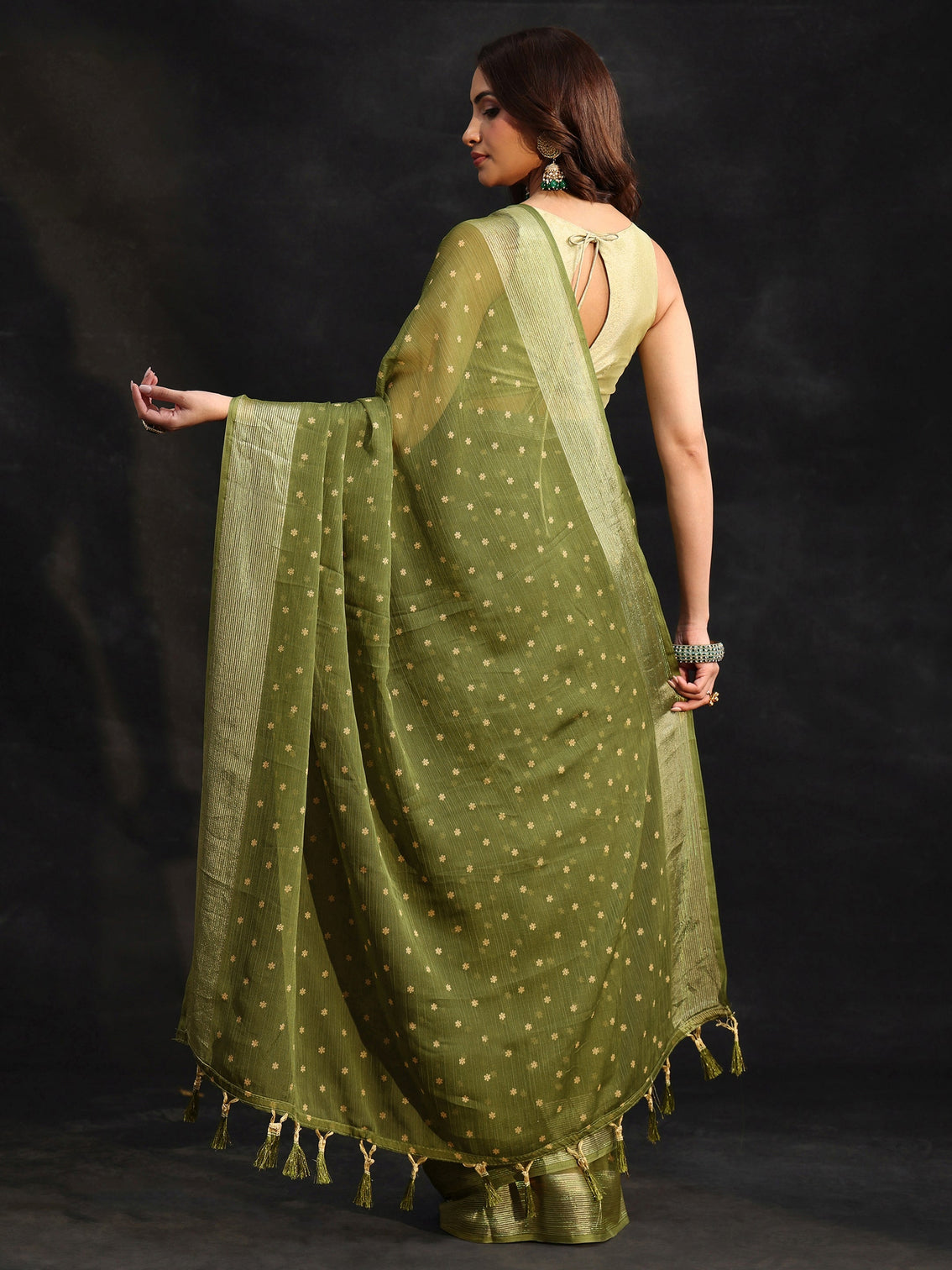 Mameraa Moss Green Floral Printed Chiffon Saree