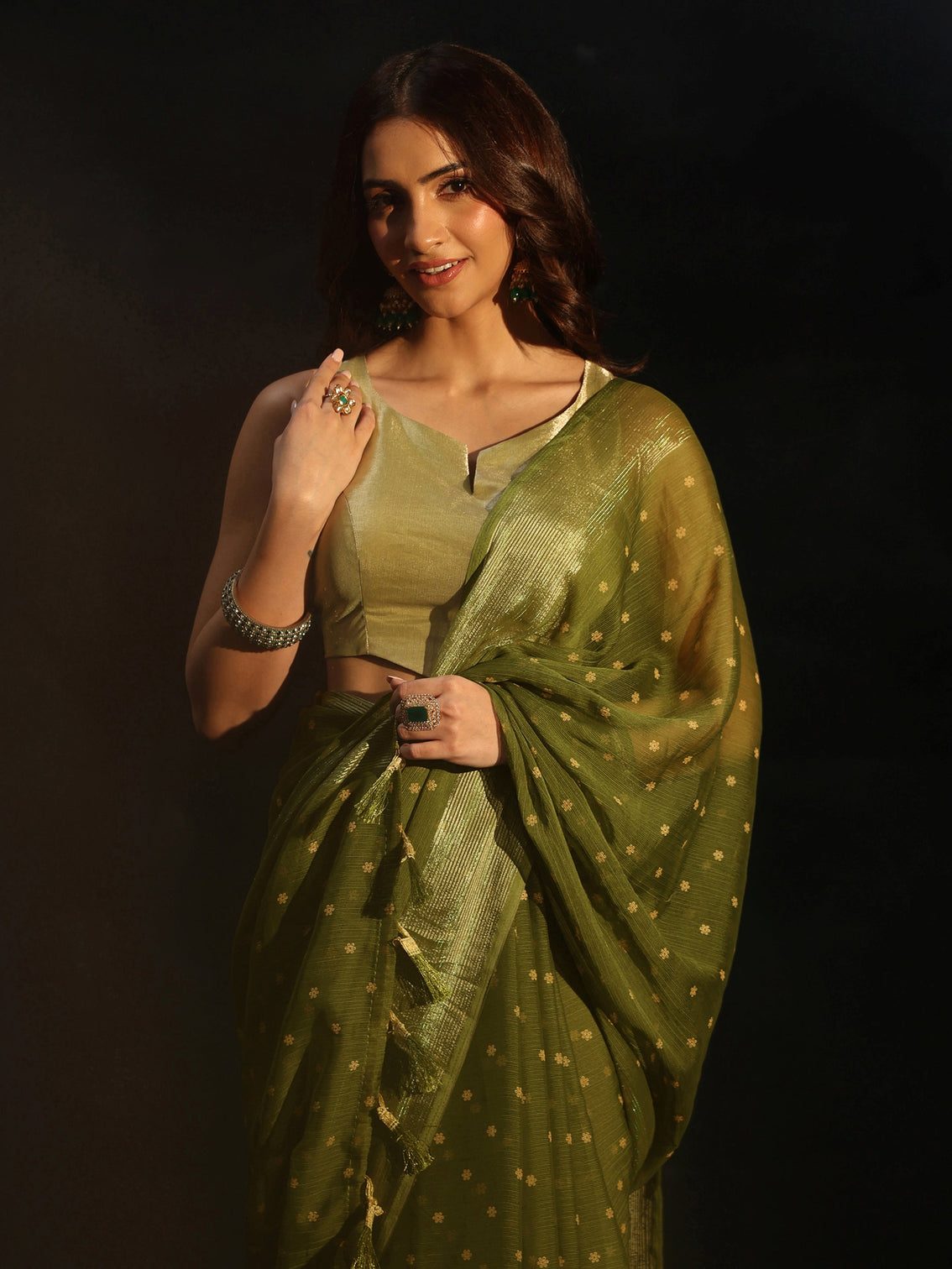 Mameraa Moss Green Floral Printed Chiffon Saree