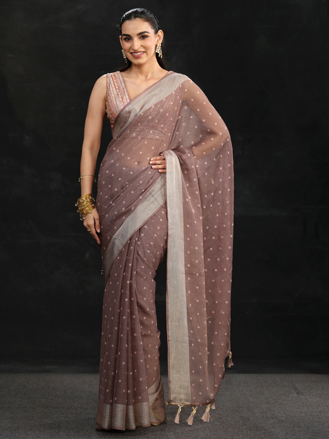 Mameraa Brown Floral Printed Chiffon Saree