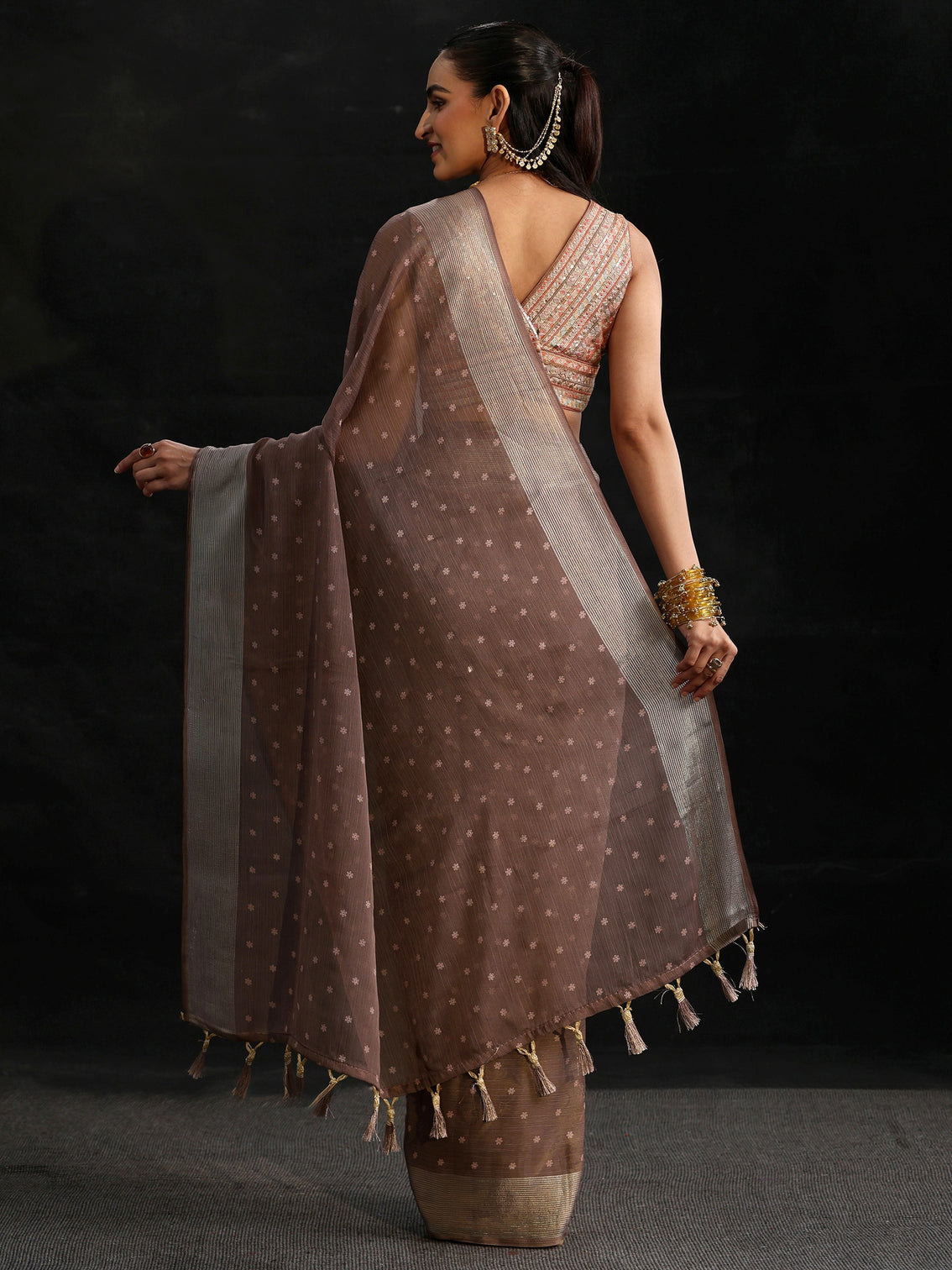 Mameraa Brown Floral Printed Chiffon Saree