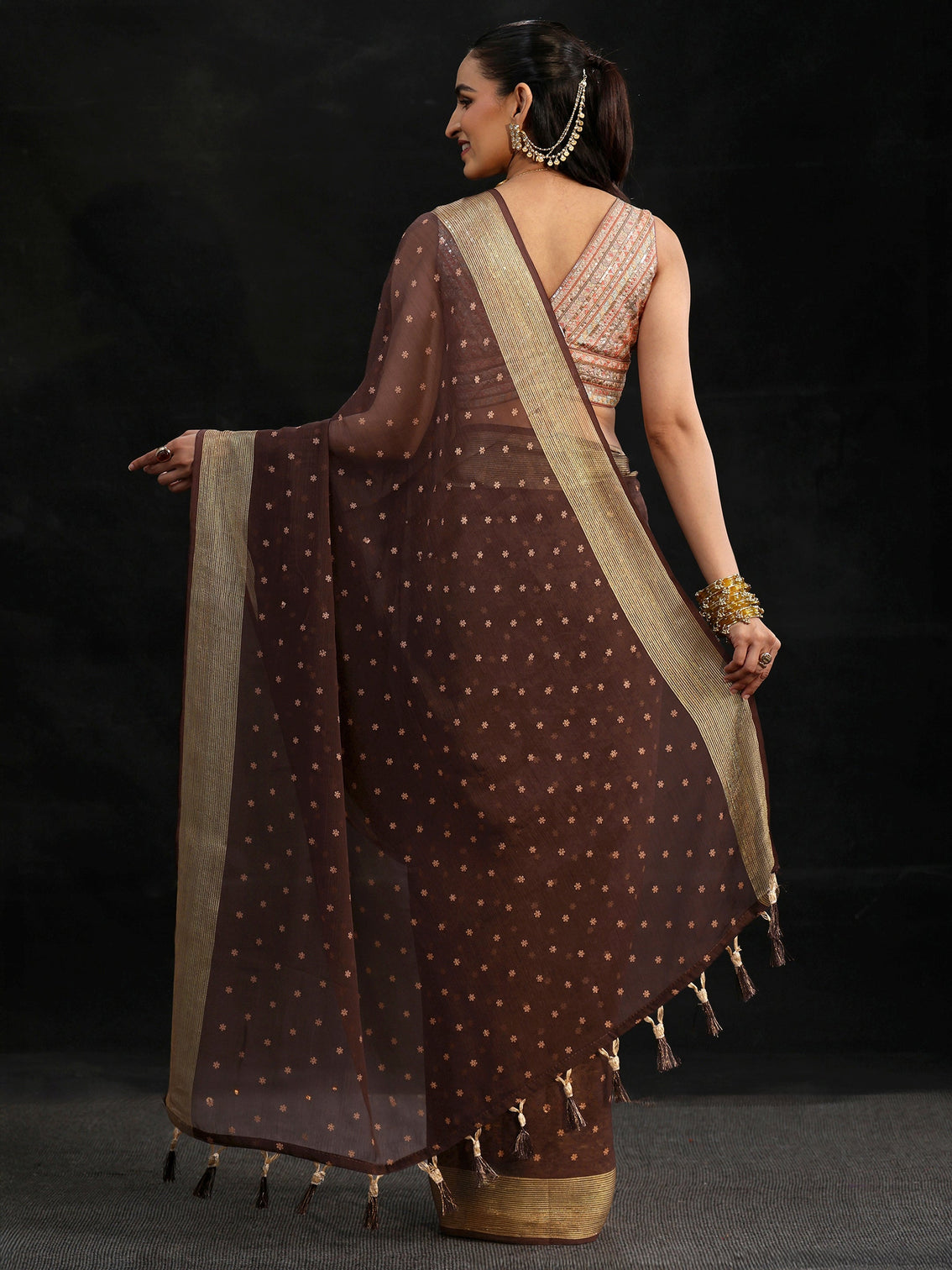 Mameraa Chocolate Brown Floral Printed Chiffon Saree