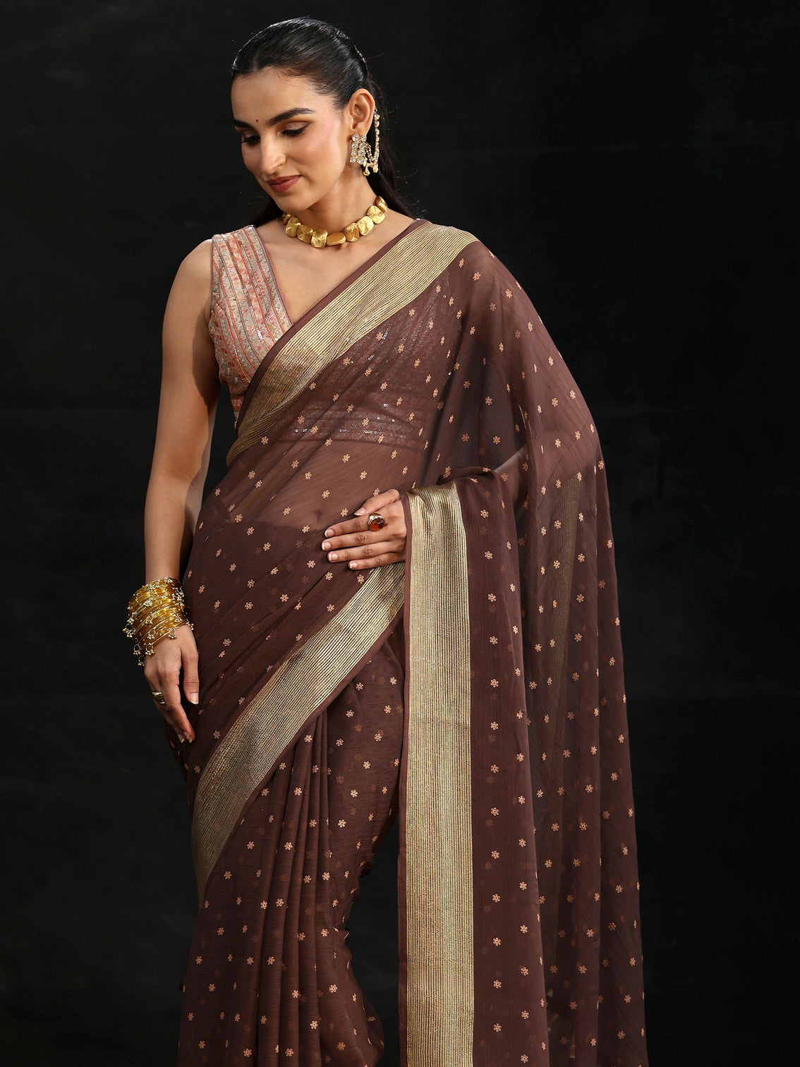 Mameraa Chocolate Brown Floral Printed Chiffon Saree