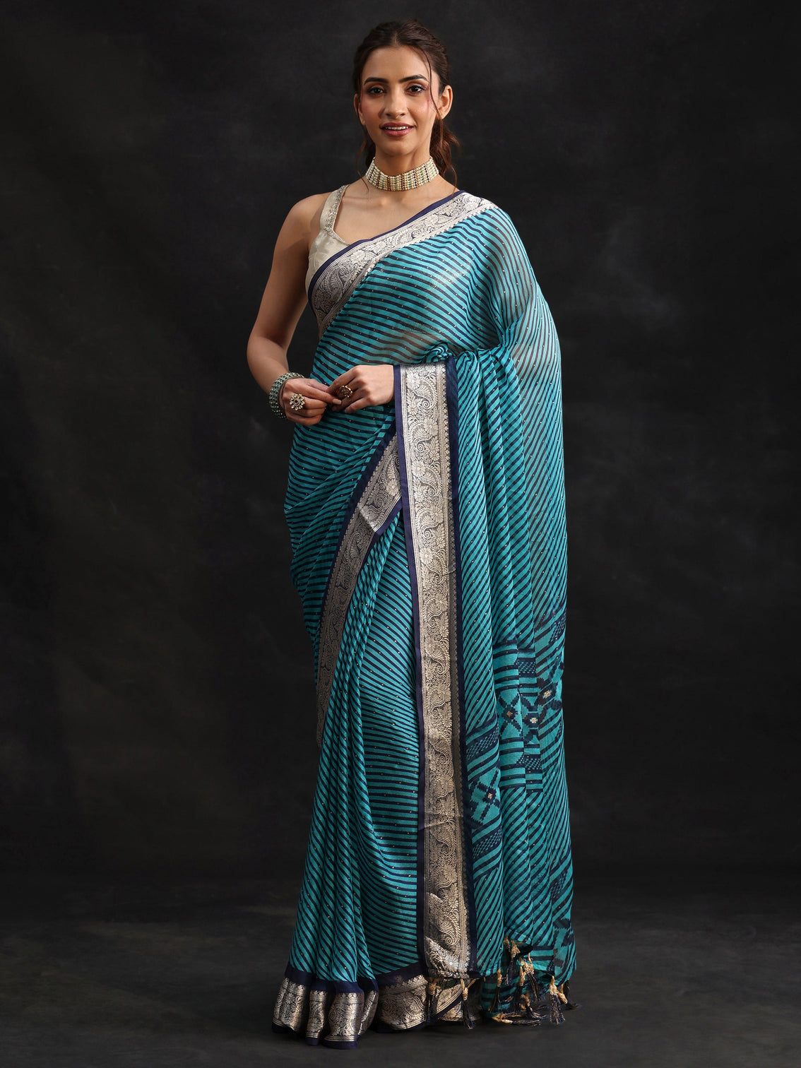 Mameraa Navy Blue Striped Chiffon Saree with Paisley Border