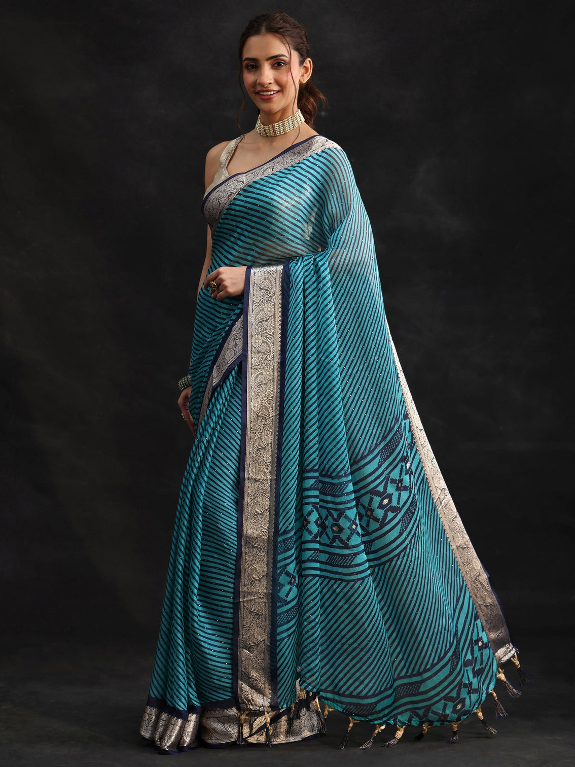 Mameraa Navy Blue Striped Chiffon Saree with Paisley Border