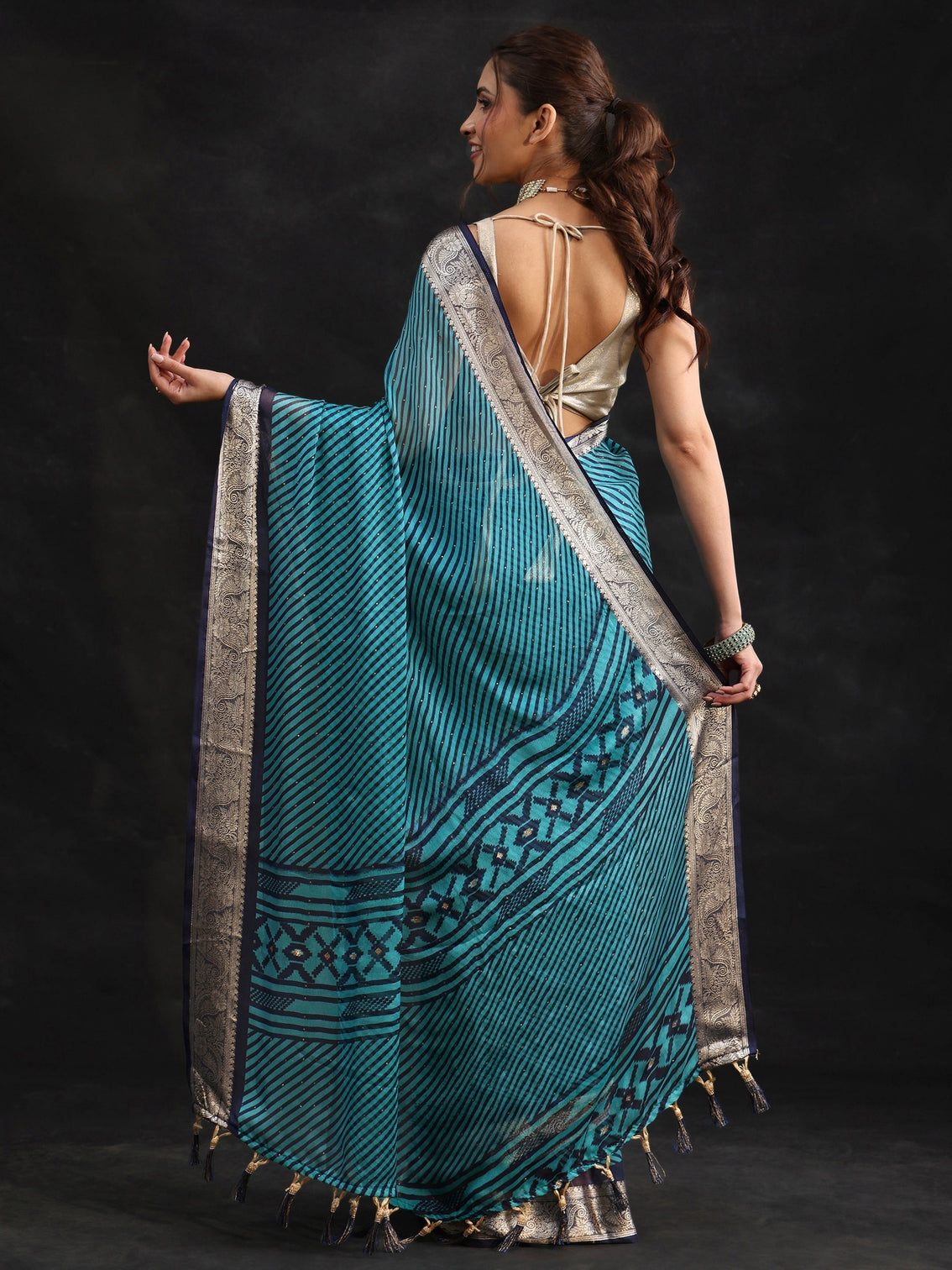 Mameraa Navy Blue Striped Chiffon Saree with Paisley Border