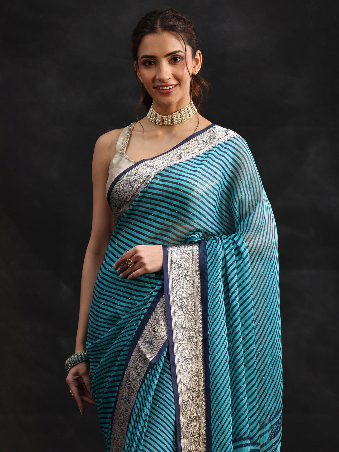 Mameraa Navy Blue Striped Chiffon Saree with Paisley Border