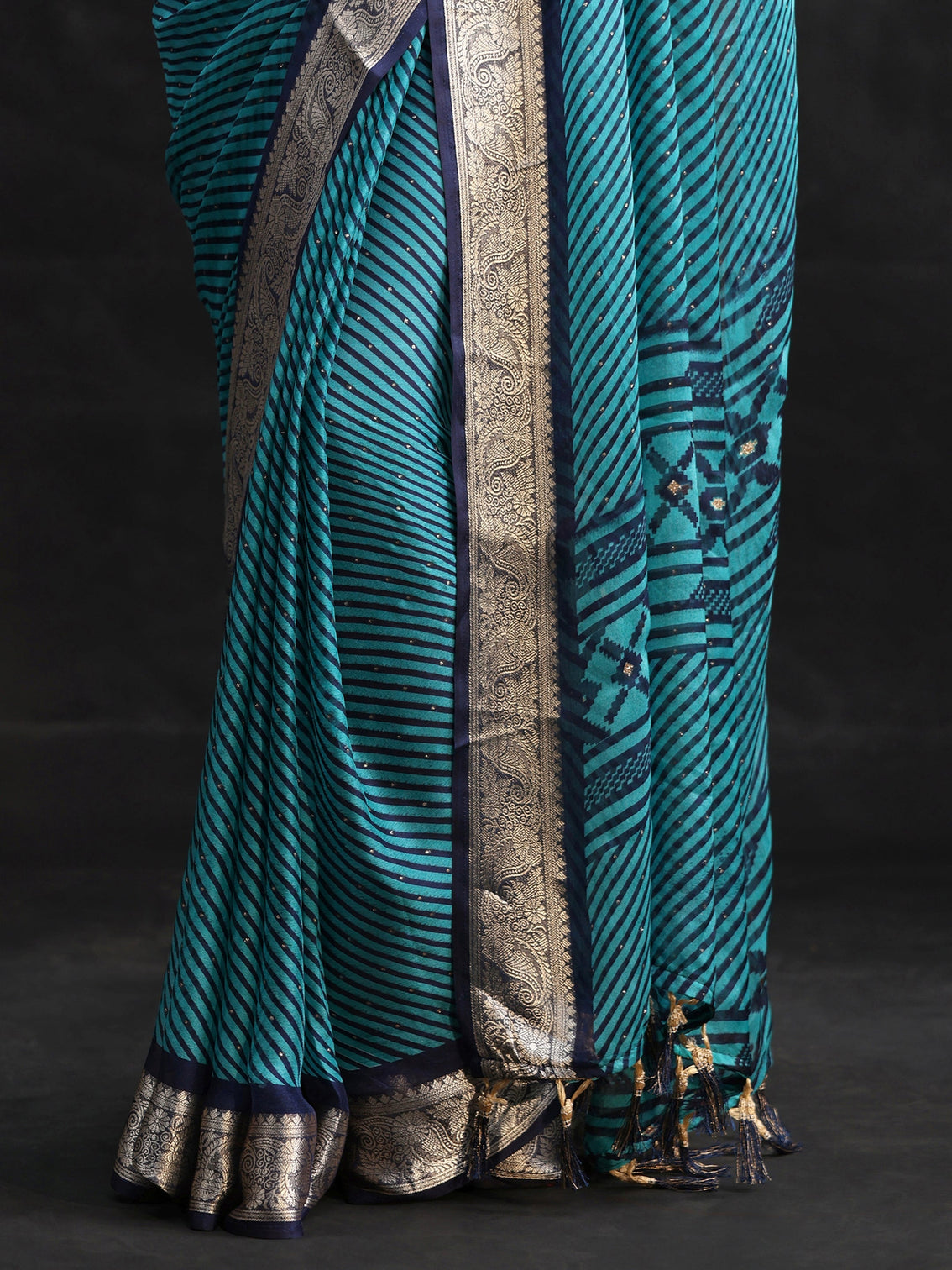 Mameraa Navy Blue Striped Chiffon Saree with Paisley Border