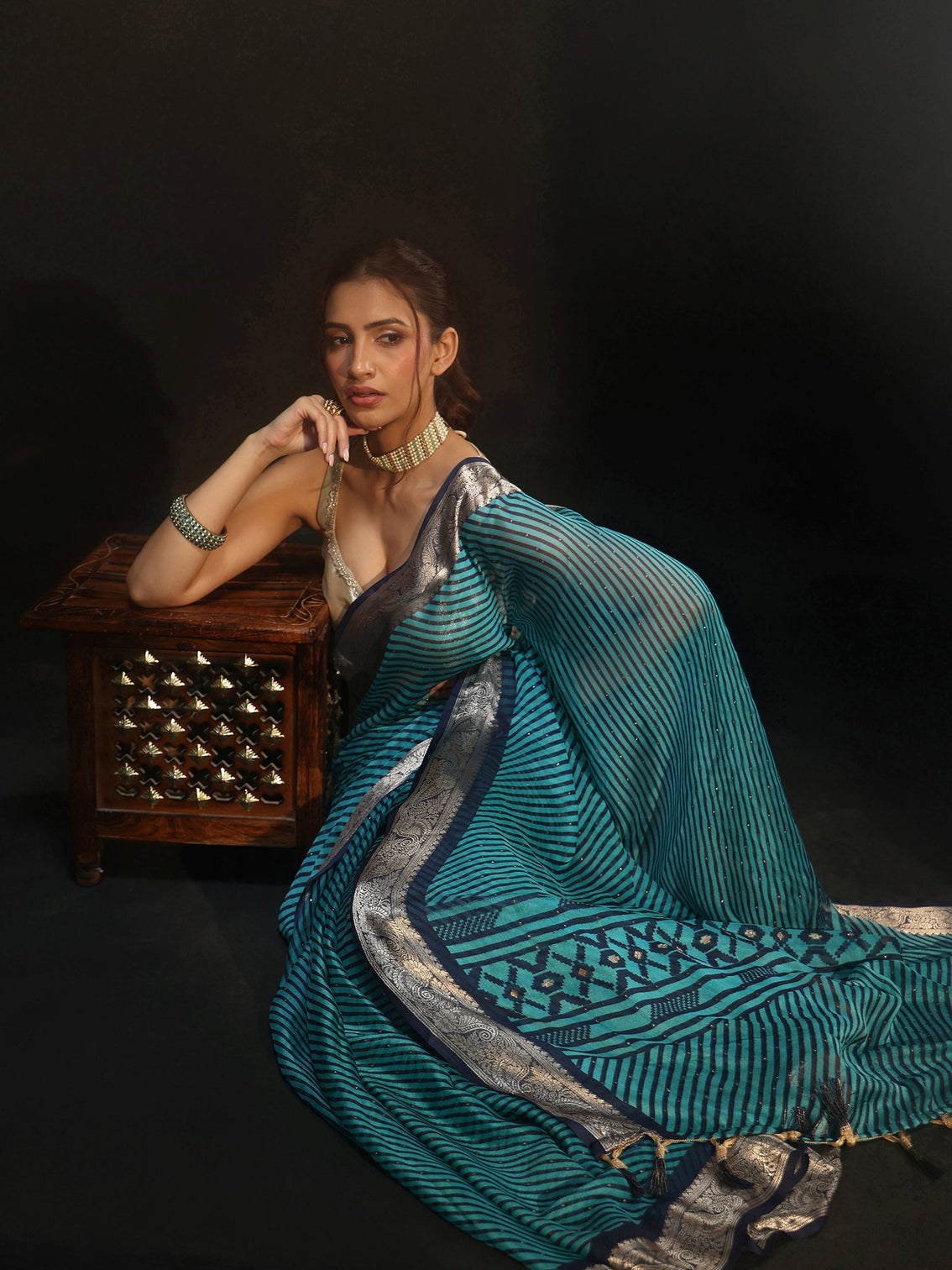 Mameraa Navy Blue Striped Chiffon Saree with Paisley Border