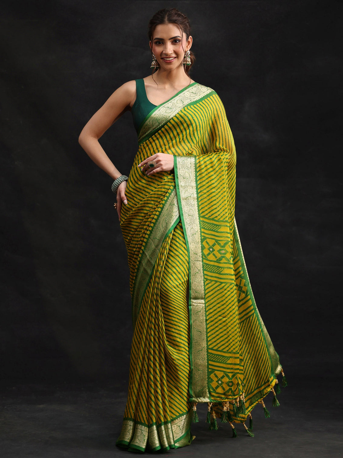 Mameraa Green Striped Chiffon Saree with Paisley Border