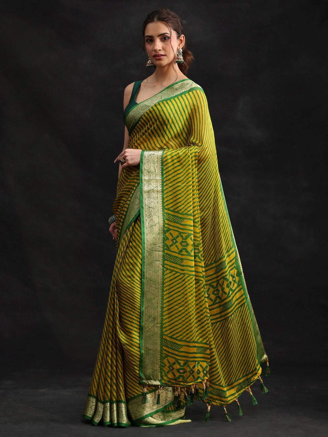 Mameraa Green Striped Chiffon Saree with Paisley Border
