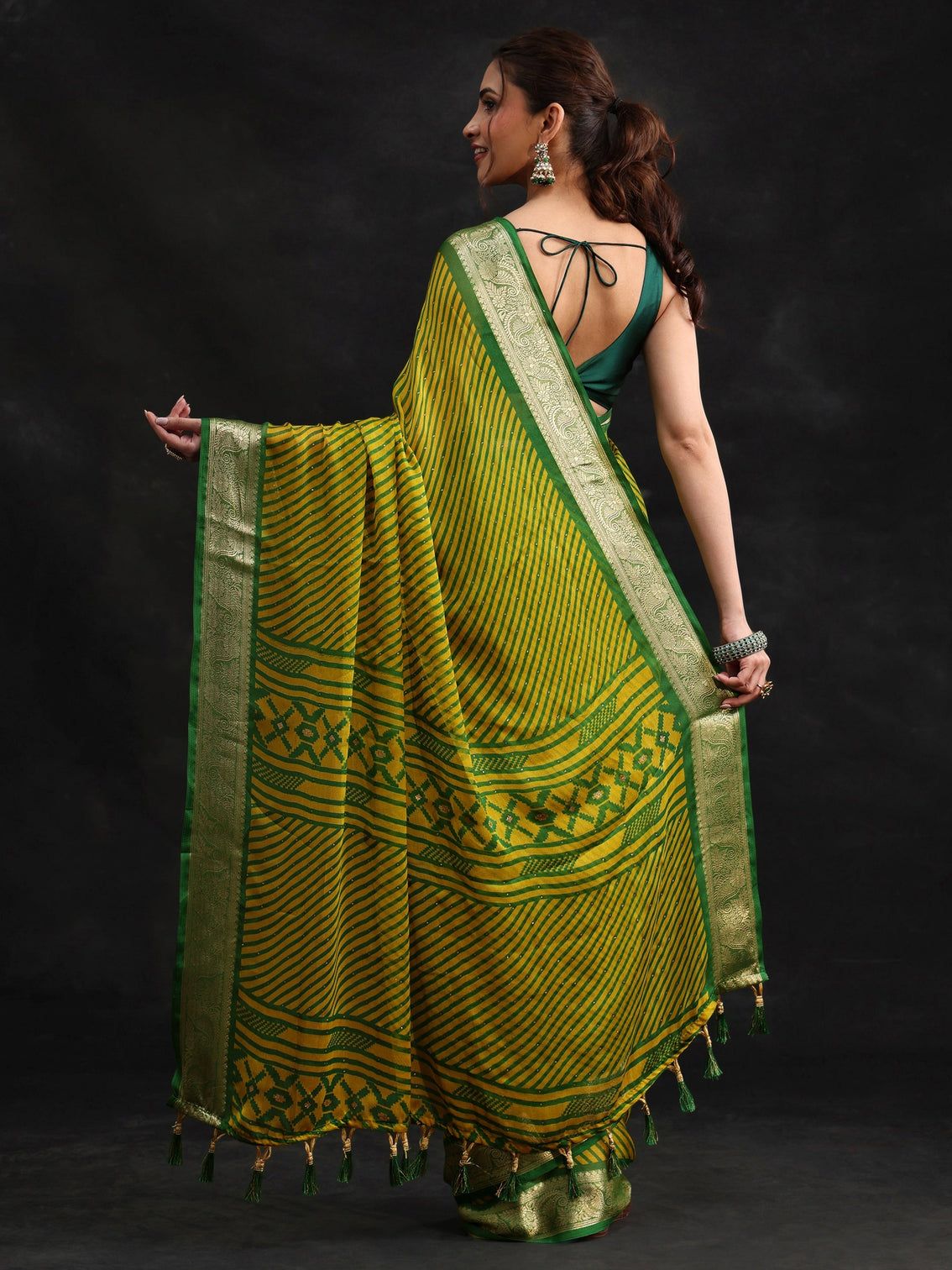 Mameraa Green Striped Chiffon Saree with Paisley Border