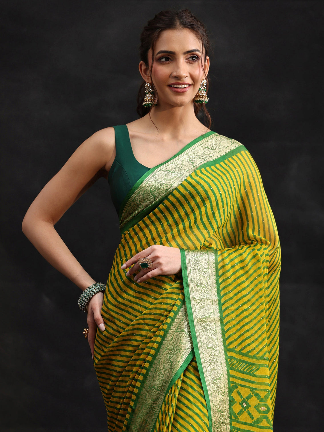 Mameraa Green Striped Chiffon Saree with Paisley Border
