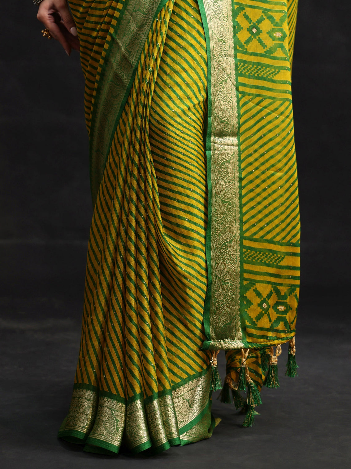 Mameraa Green Striped Chiffon Saree with Paisley Border