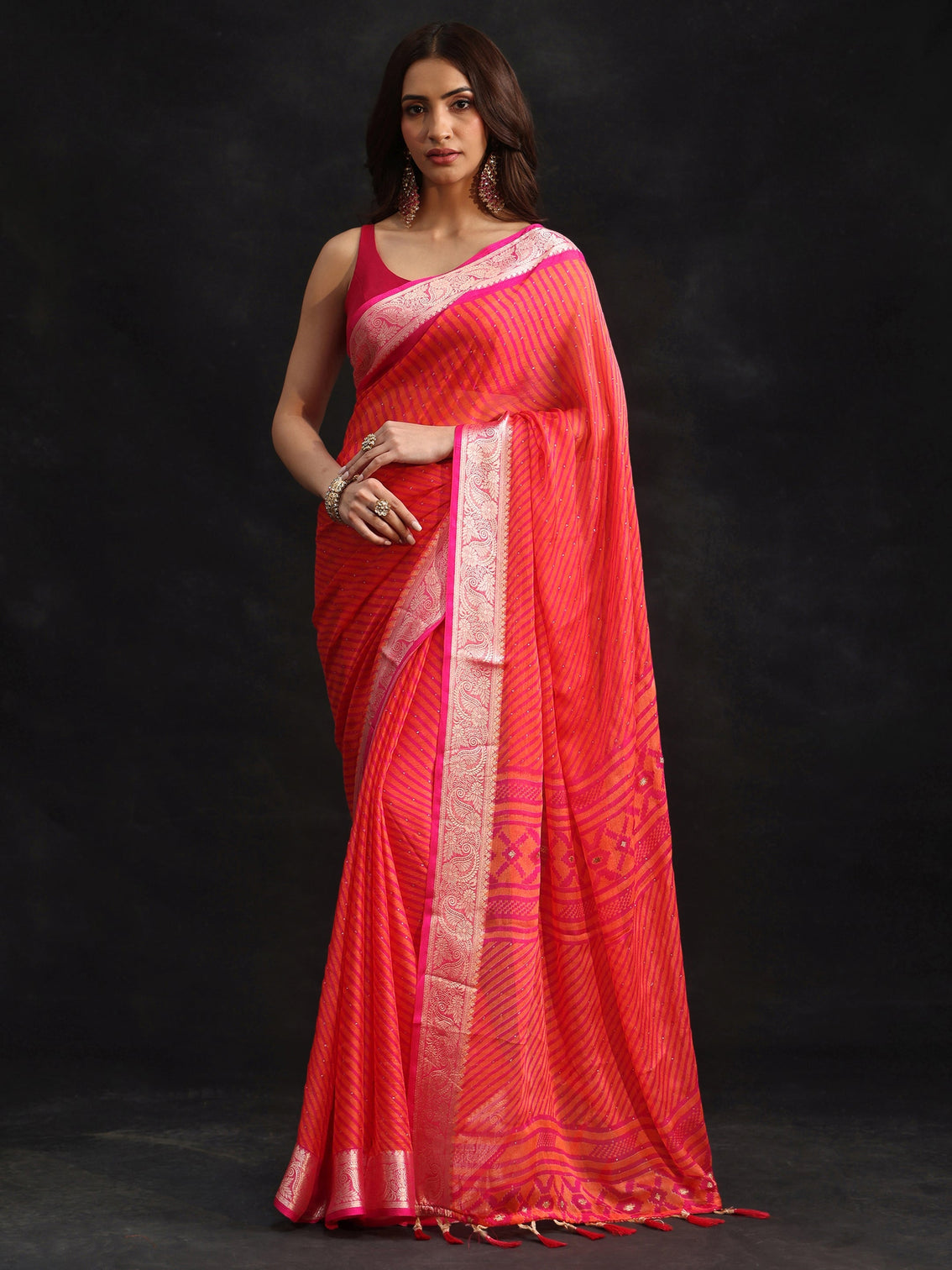 Mameraa Pink Striped Chiffon Saree with Paisley Border