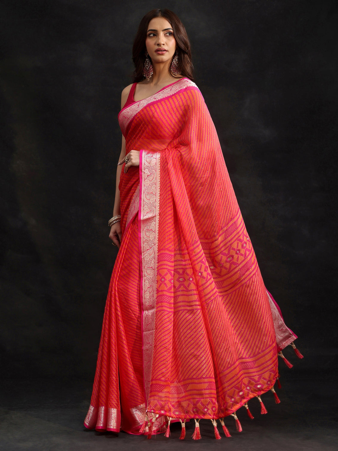 Mameraa Pink Striped Chiffon Saree with Paisley Border