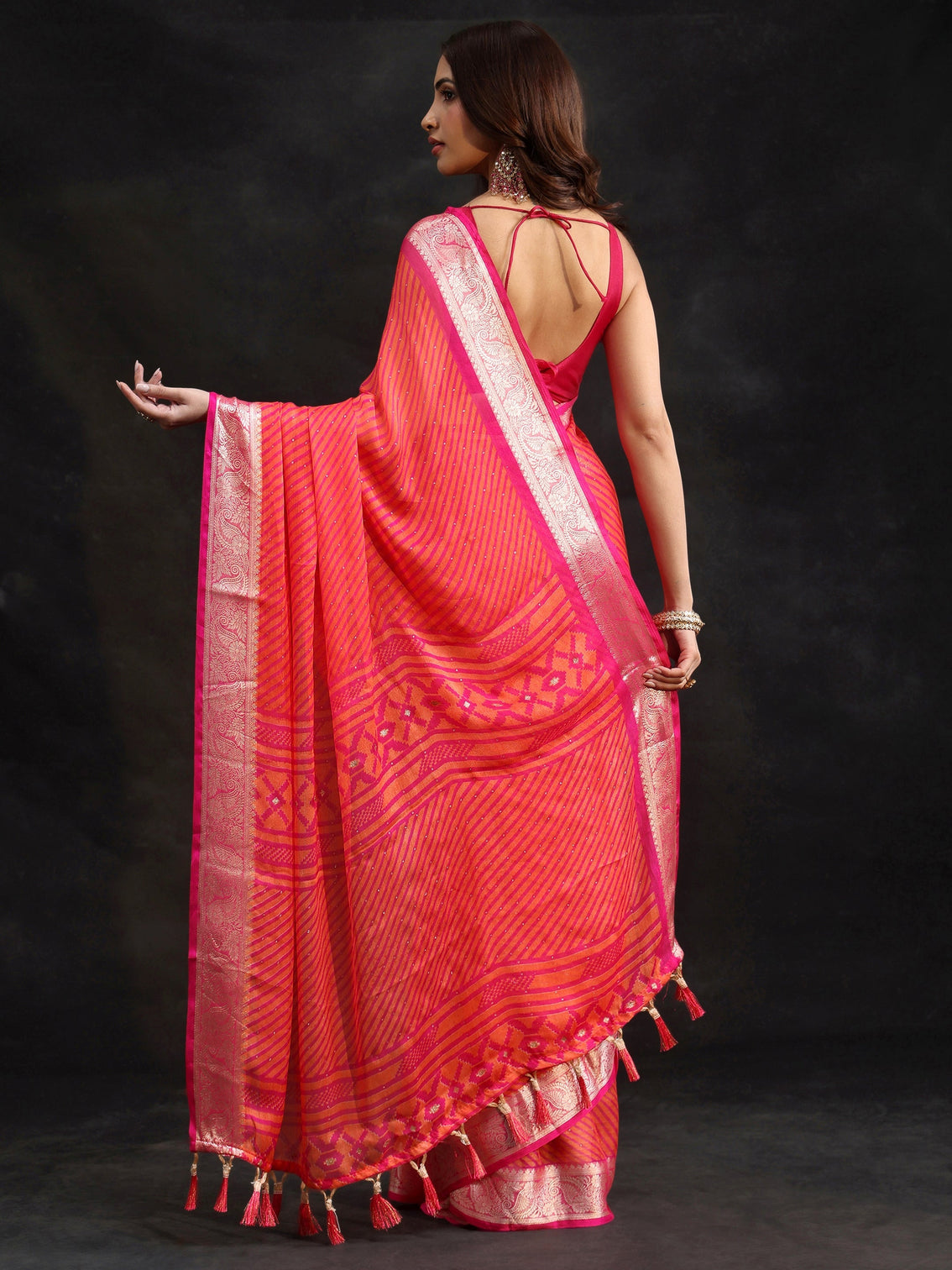 Mameraa Pink Striped Chiffon Saree with Paisley Border