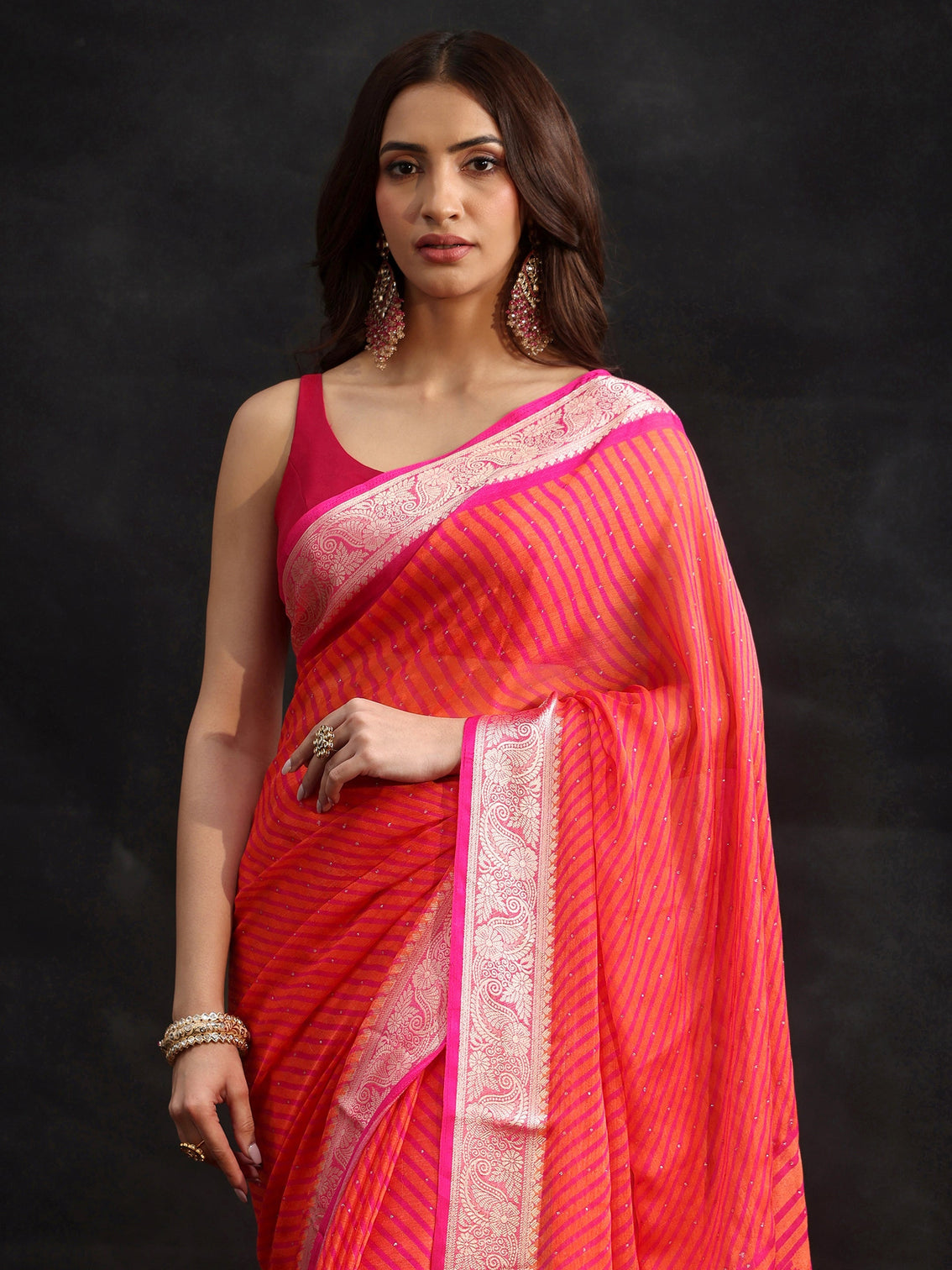Mameraa Pink Striped Chiffon Saree with Paisley Border