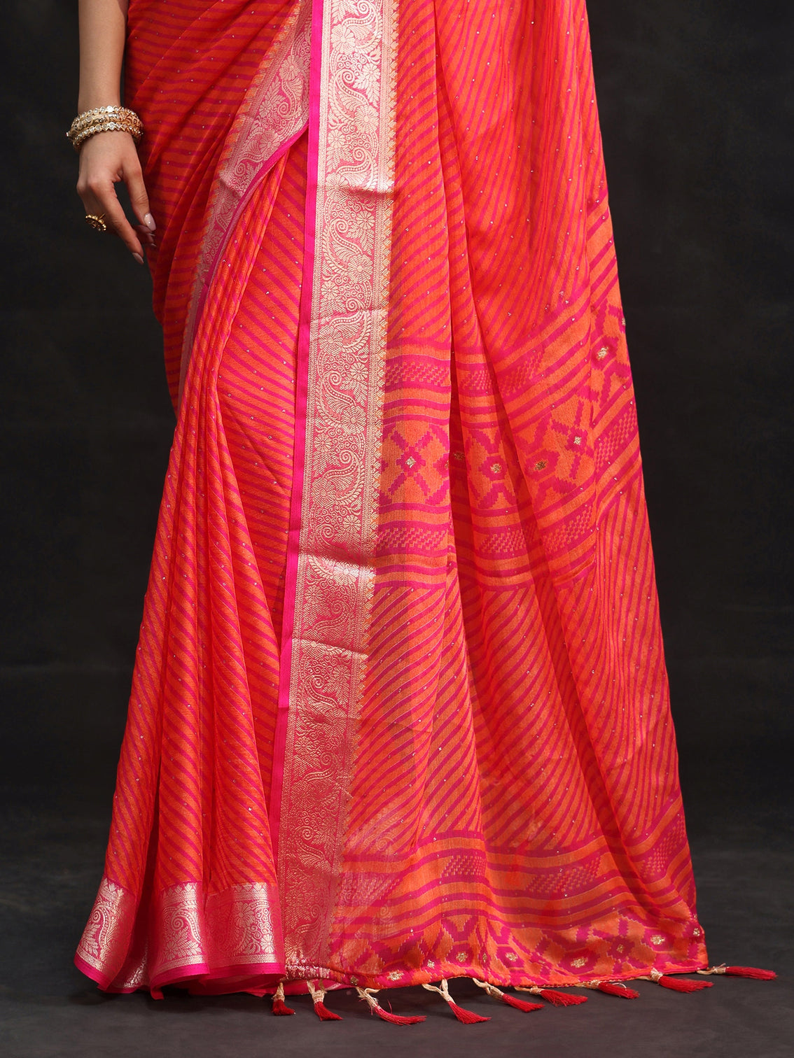 Mameraa Pink Striped Chiffon Saree with Paisley Border