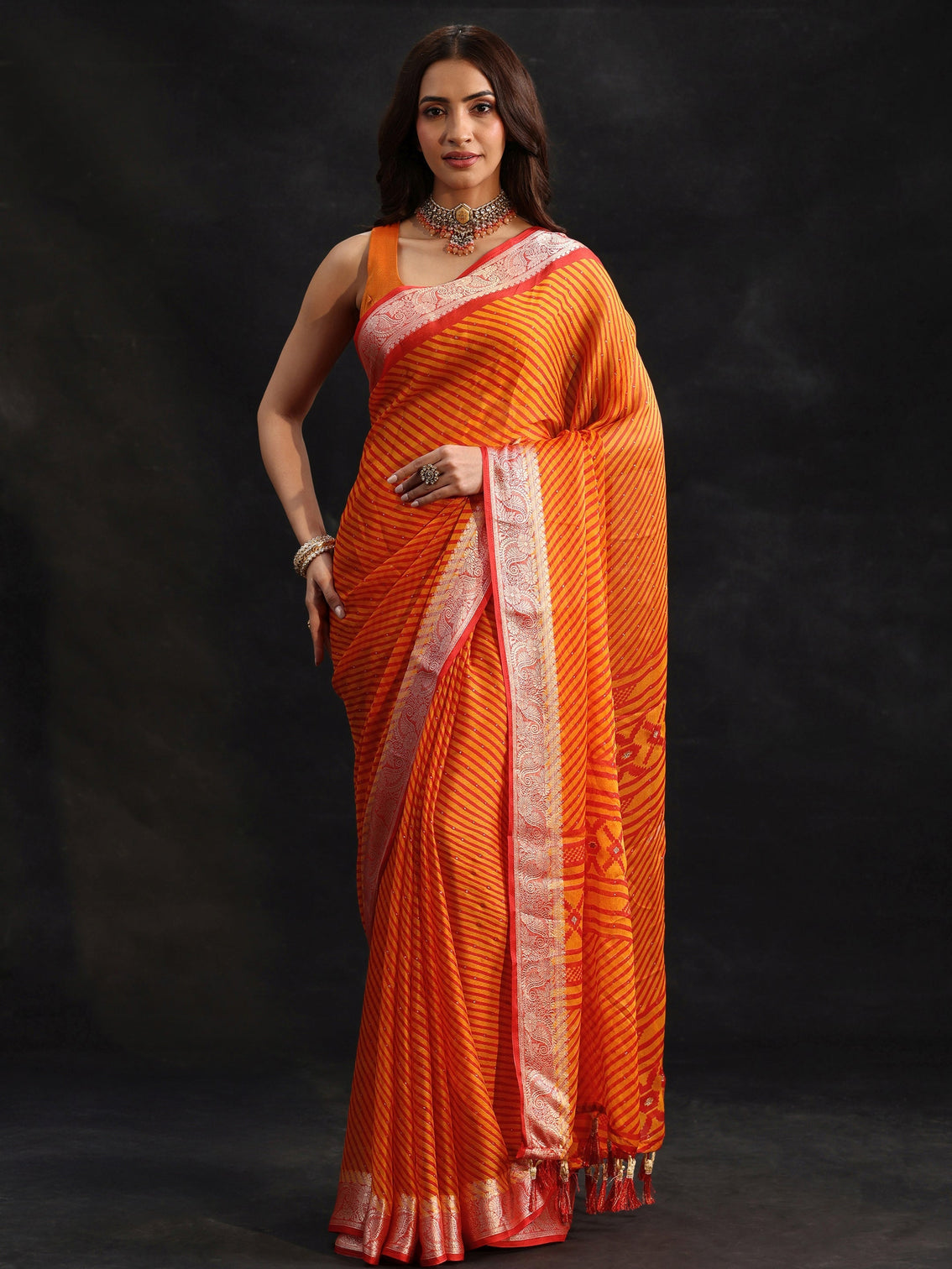 Mameraa Orange Striped Chiffon Saree with Paisley Border