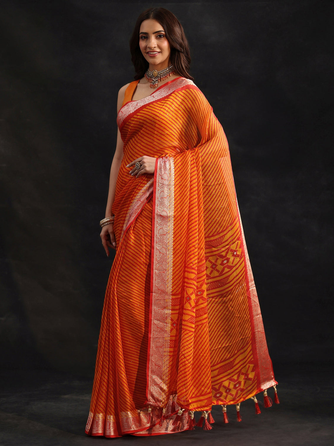 Mameraa Orange Striped Chiffon Saree with Paisley Border