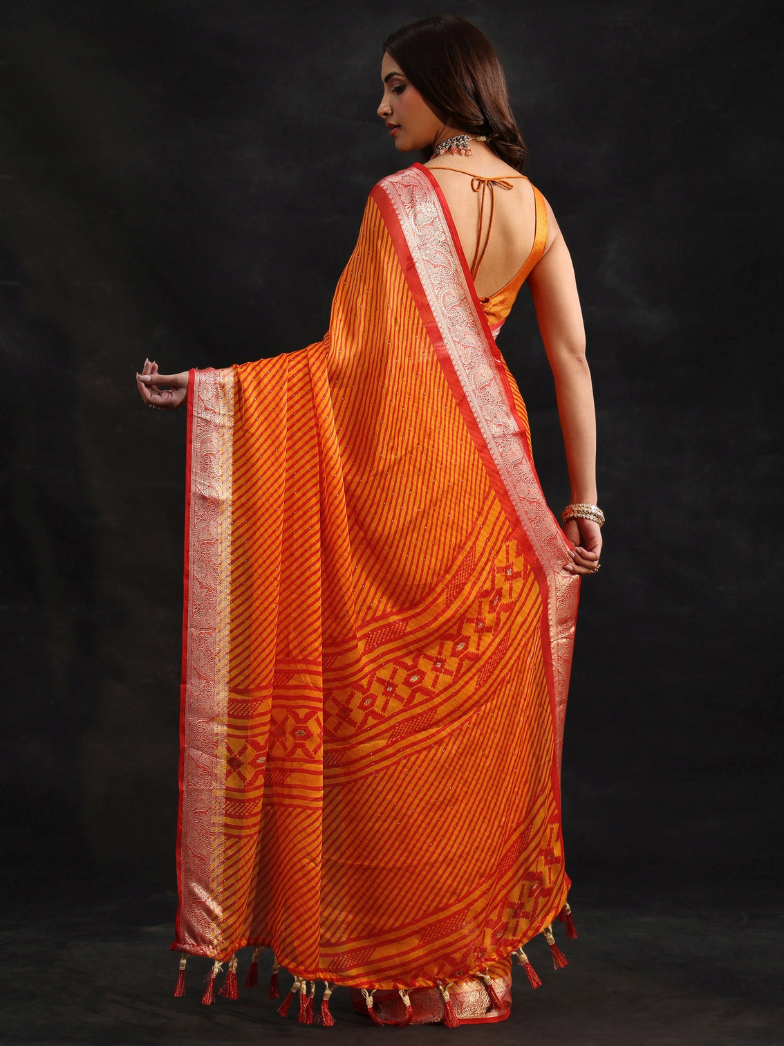 Mameraa Orange Striped Chiffon Saree with Paisley Border