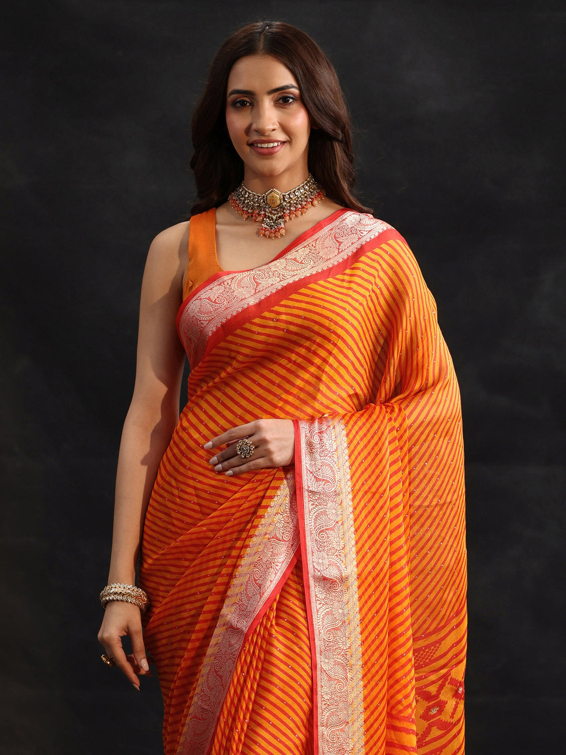 Mameraa Orange Striped Chiffon Saree with Paisley Border