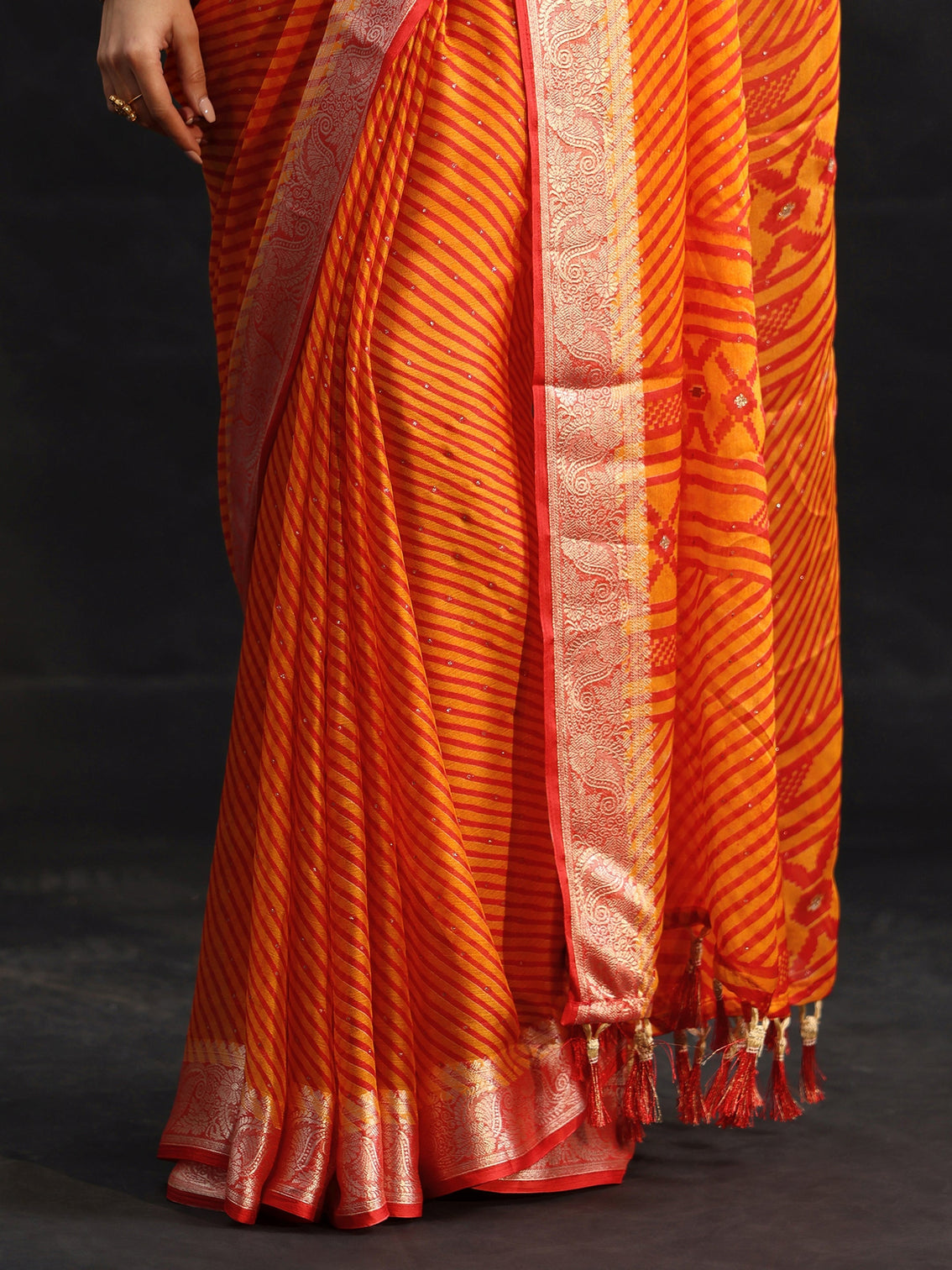 Mameraa Orange Striped Chiffon Saree with Paisley Border