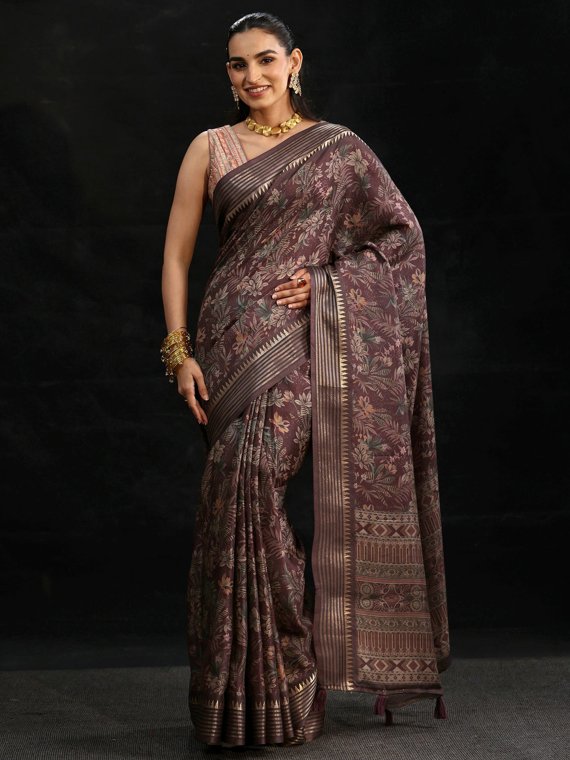 Mameraa Purple Floral Woven Design Silk Blend Saree