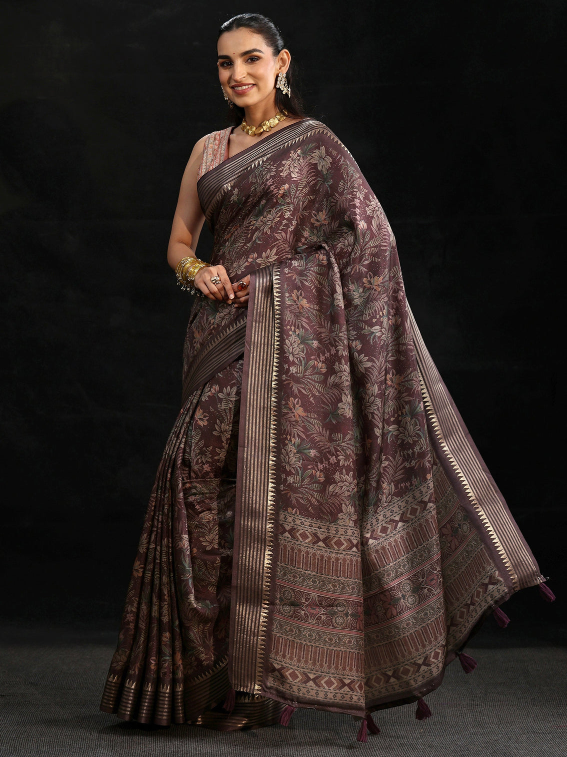 Mameraa Purple Floral Woven Design Silk Blend Saree