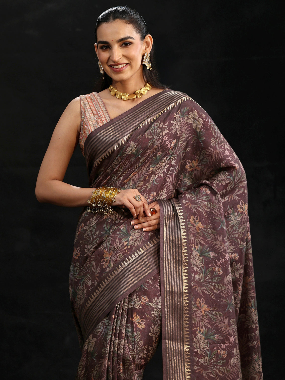 Mameraa Purple Floral Woven Design Silk Blend Saree