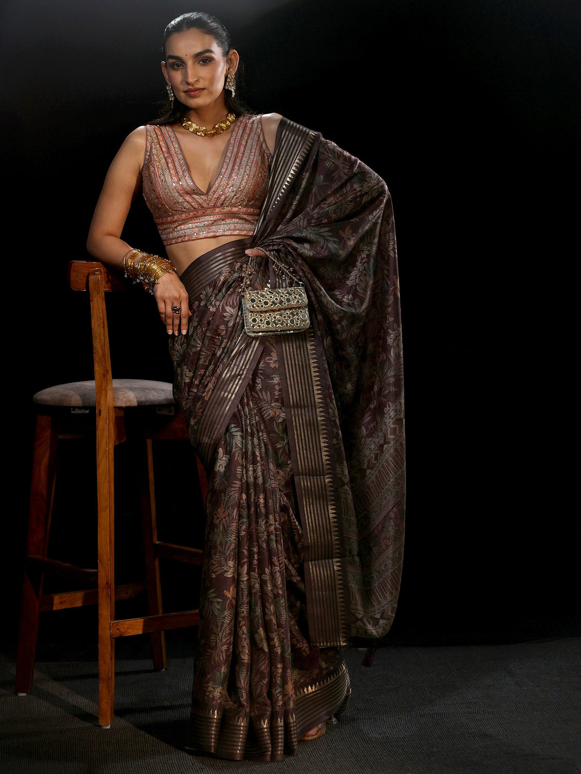 Mameraa Purple Floral Woven Design Silk Blend Saree
