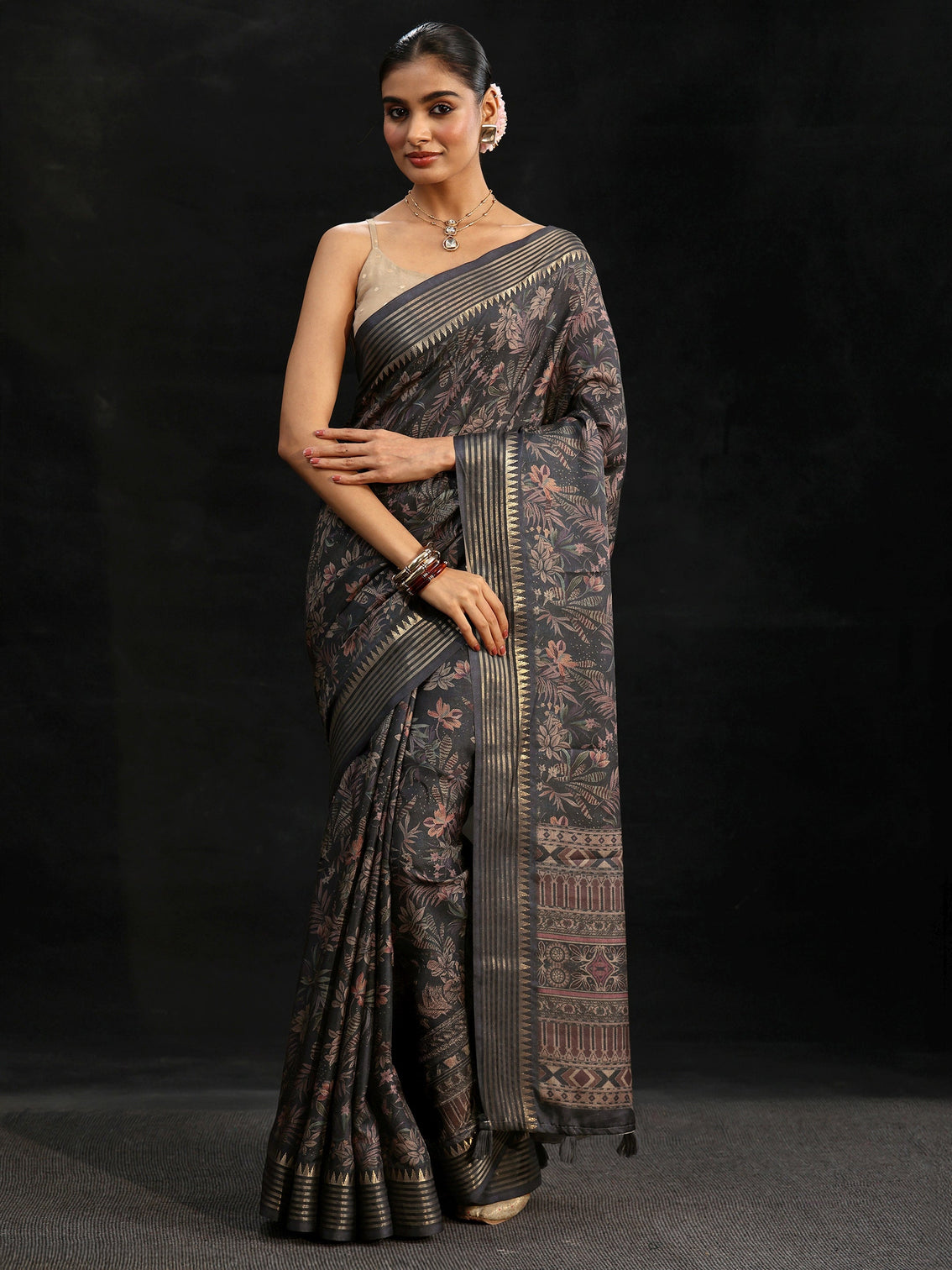 Mameraa Midnight Blue Floral Woven Design Silk Blend Saree