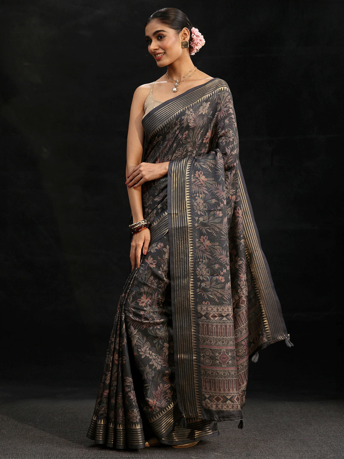 Mameraa Midnight Blue Floral Woven Design Silk Blend Saree